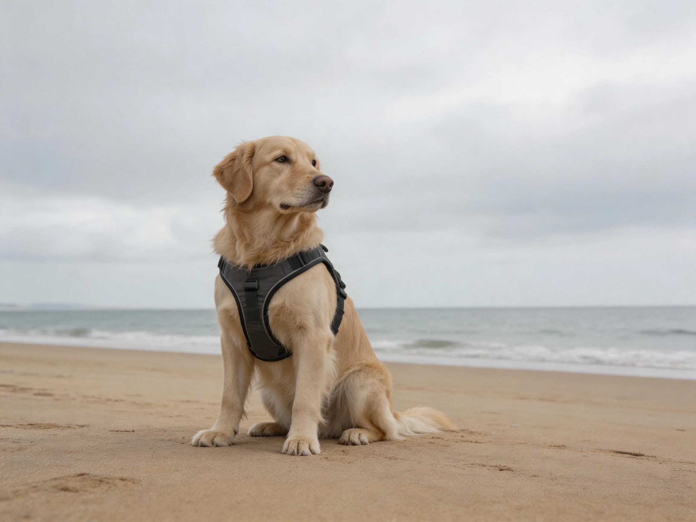 Golden retriever in black harness sits on sandy beach by calm sea