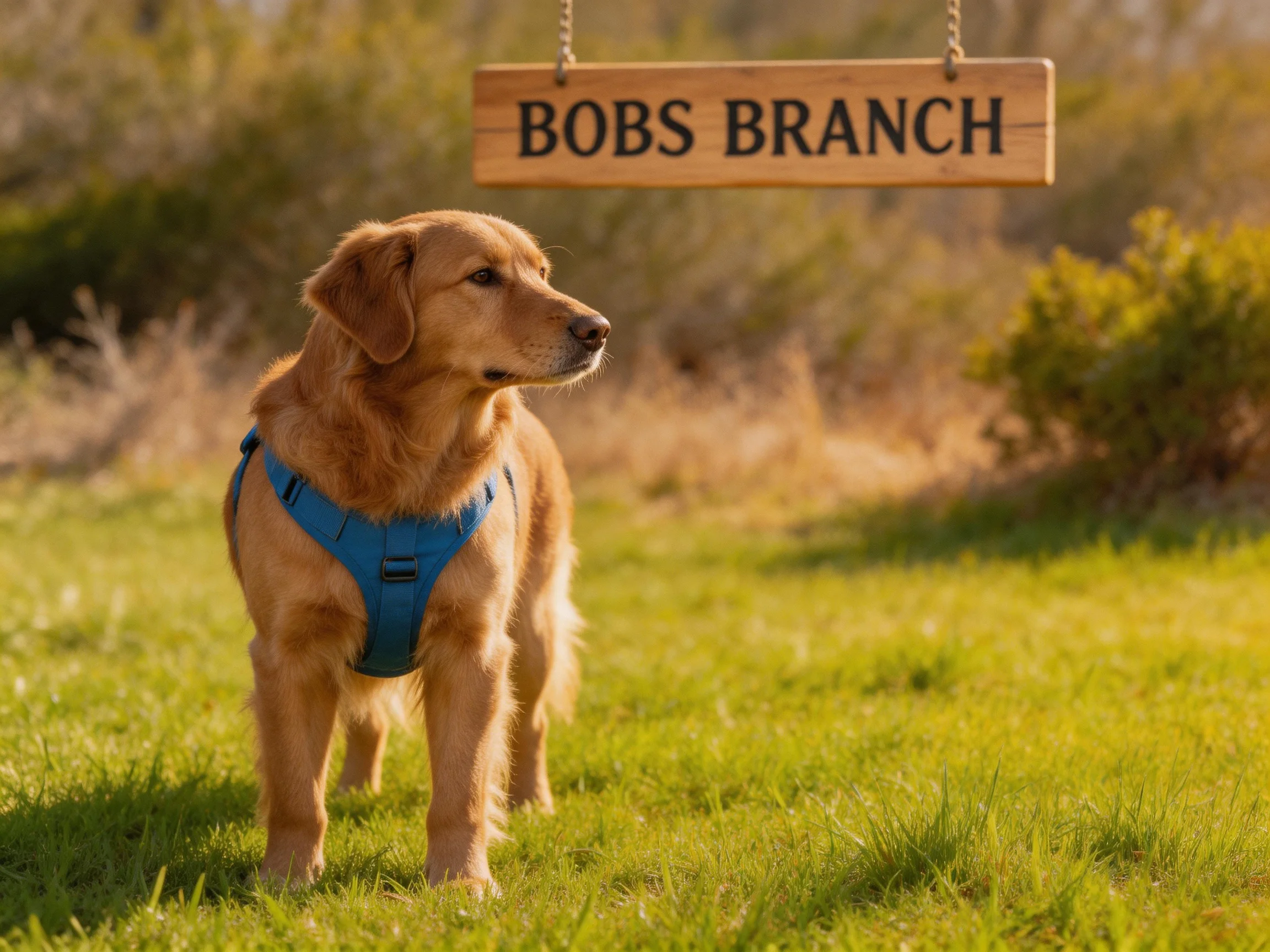 Golden retriever in blue harness near Bobs Branch wooden sign