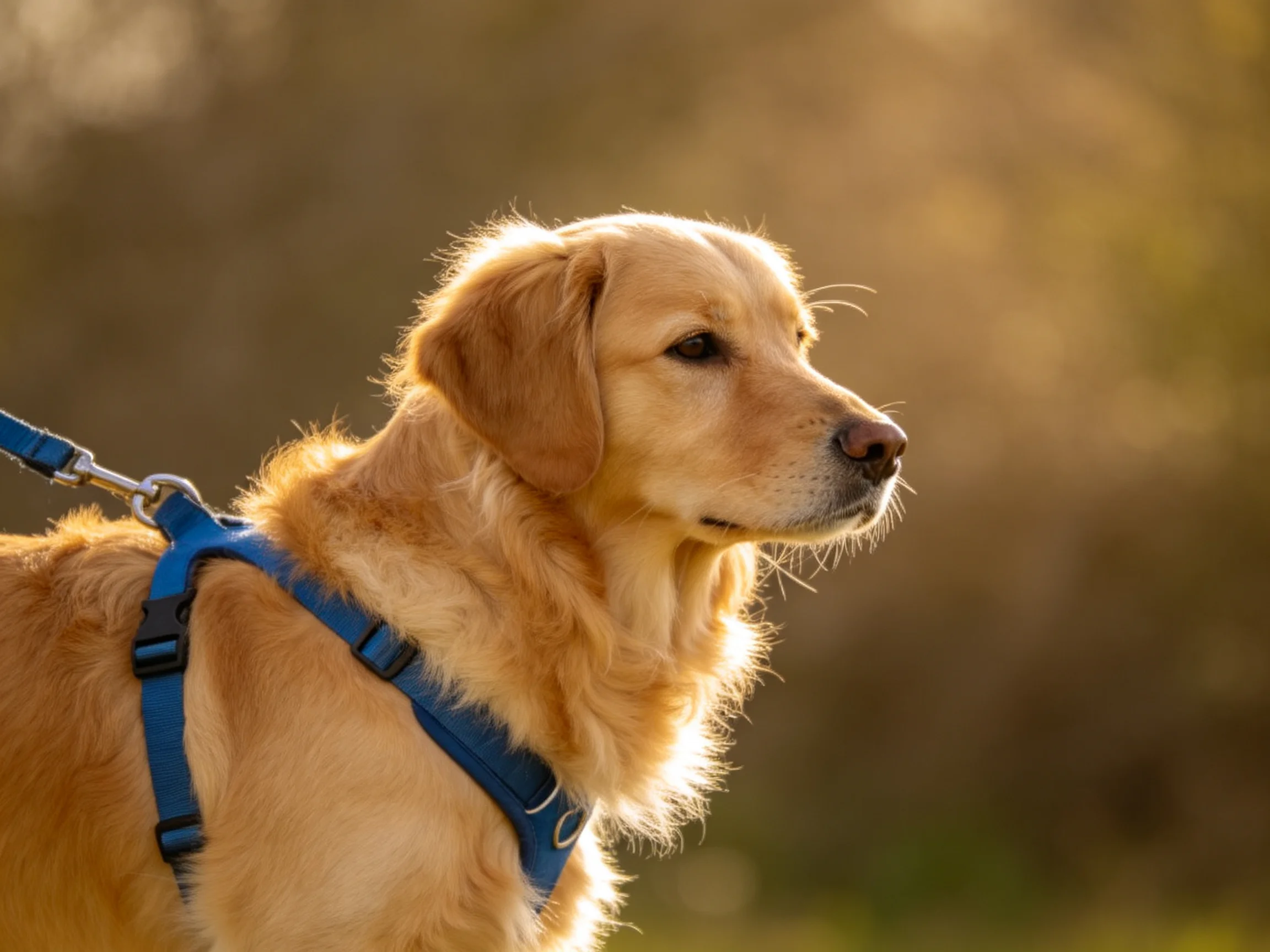 Golden retriever in blue harness outdoors in soft light