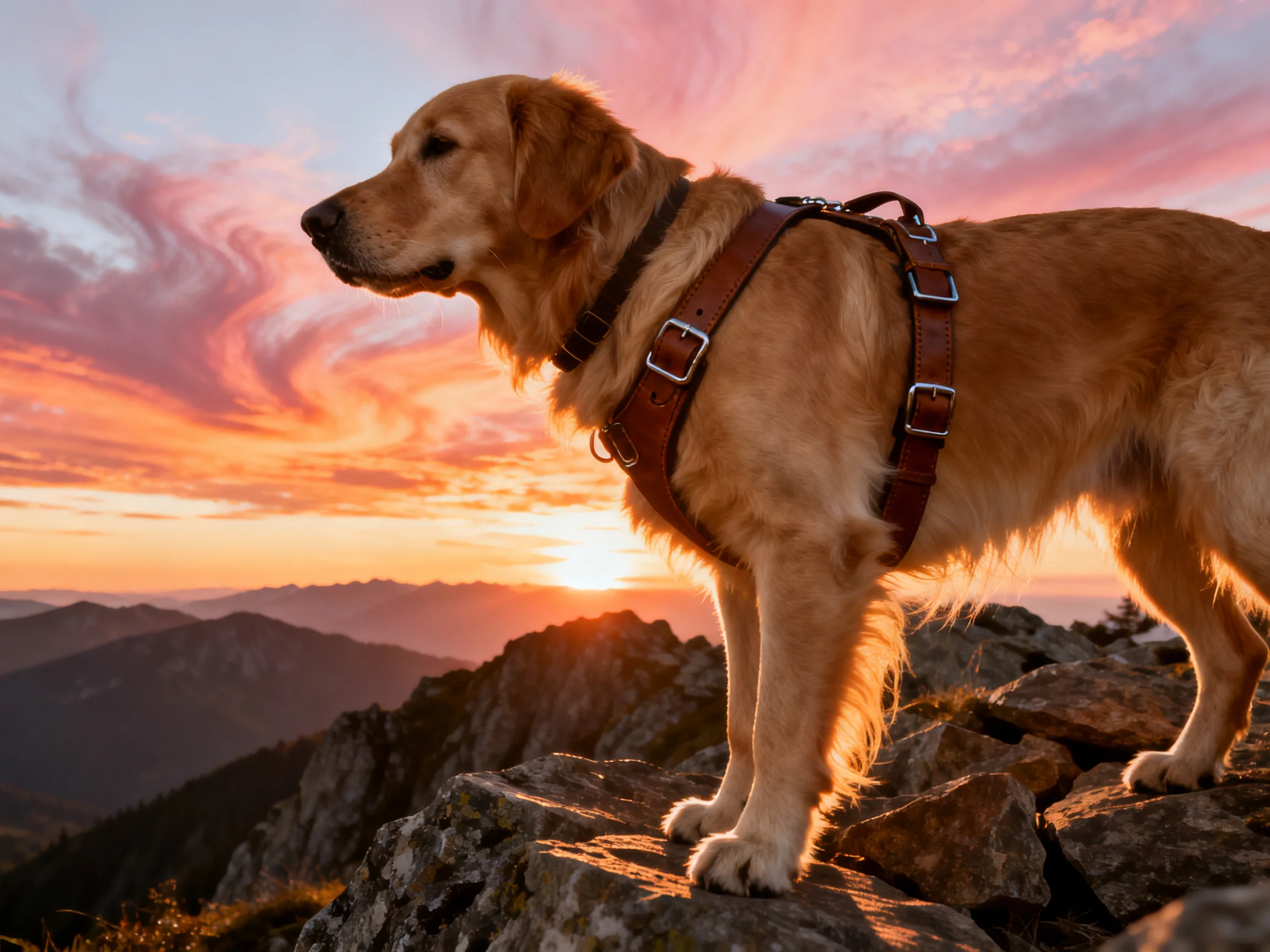 A golden retriever in a brown harness stands on rocks overlooking mountains at sunset.