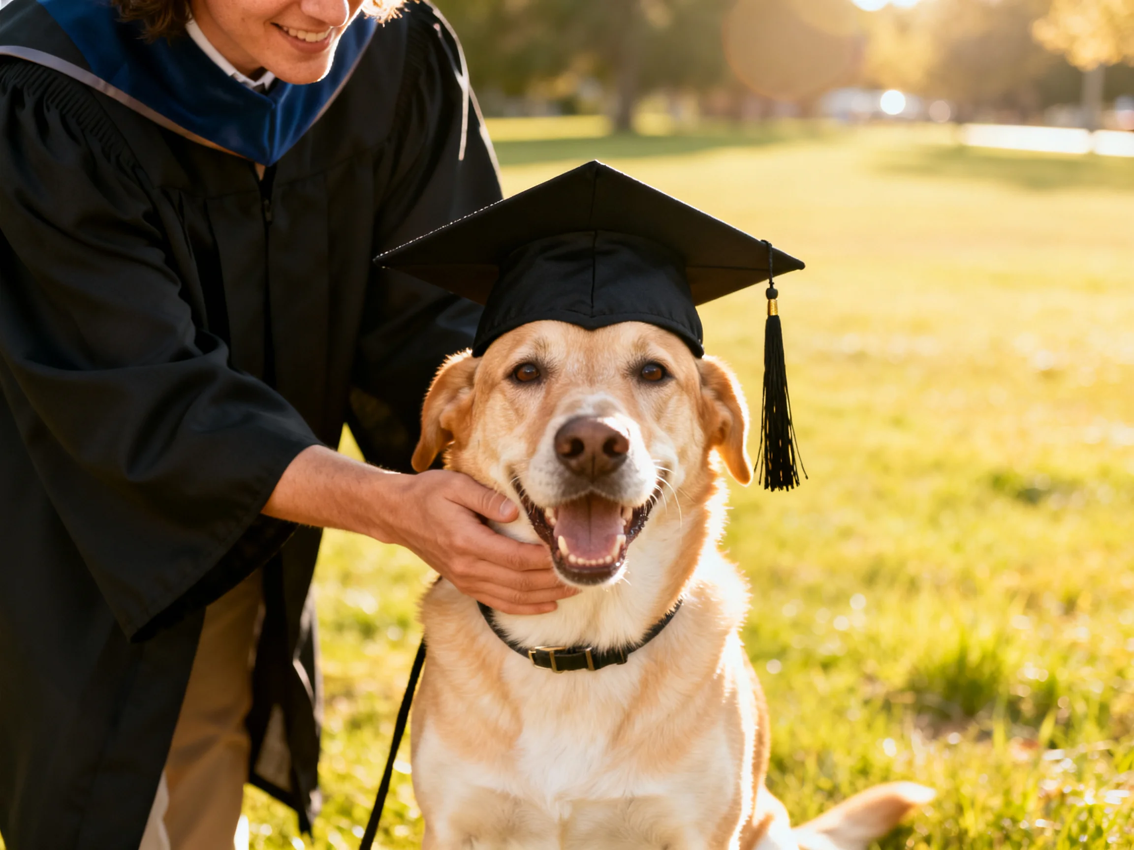 A golden retriever wearing a graduation cap is next to a graduate in black robes outdoors.