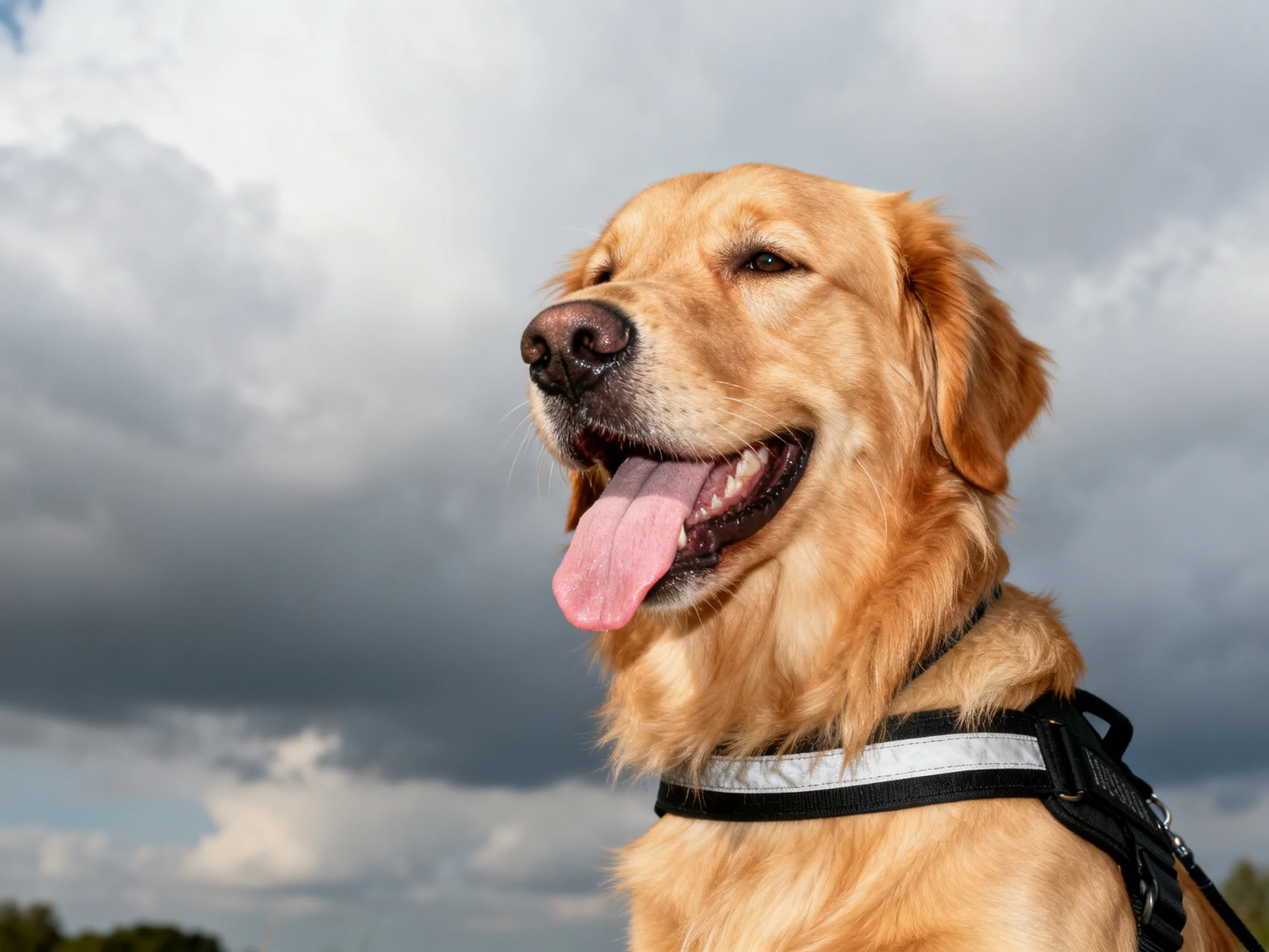 Golden retriever in harness under moody cloudy sky