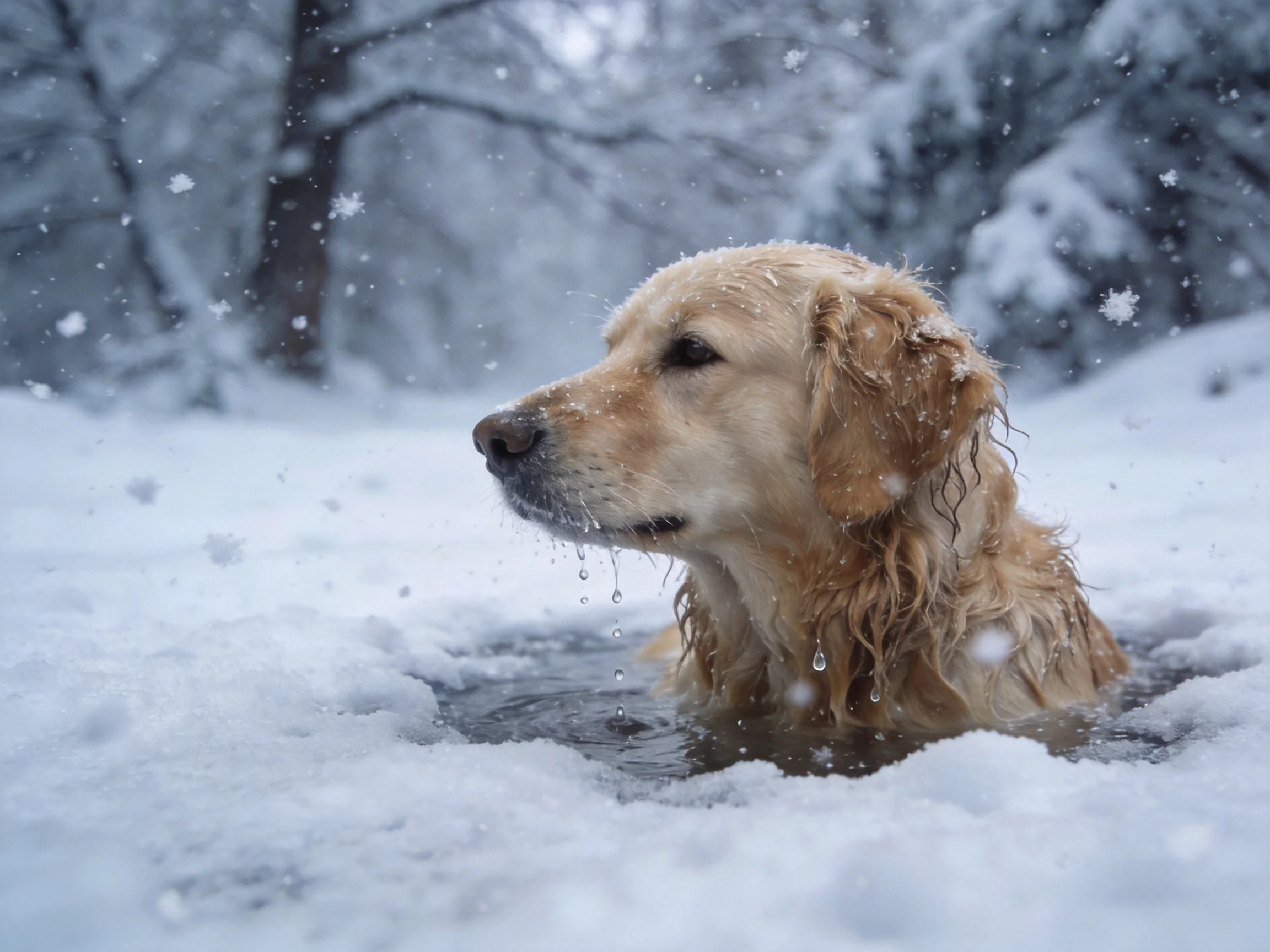 A golden retriever is partially submerged in icy water during a snowy day.