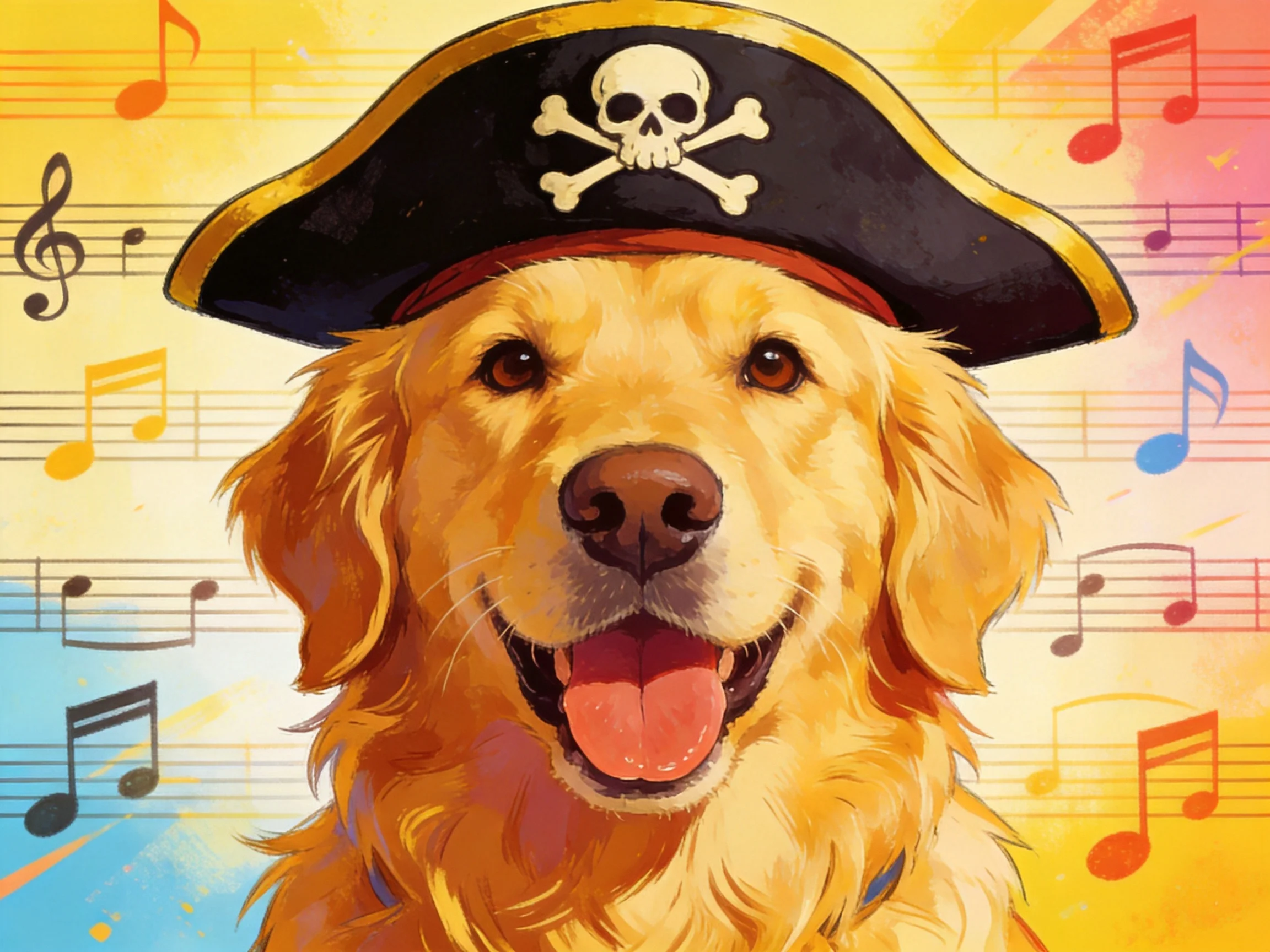 A golden retriever wearing a pirate hat is set against a backdrop of colorful musical notes.