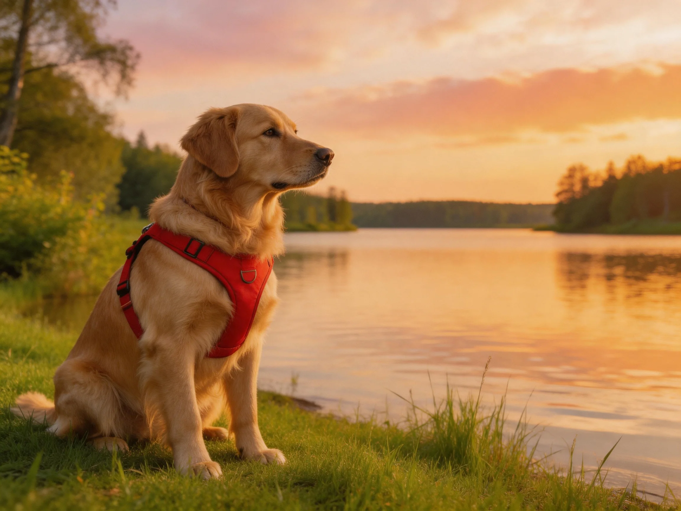 A golden retriever with a red harness rests near a calm lake during sunset.