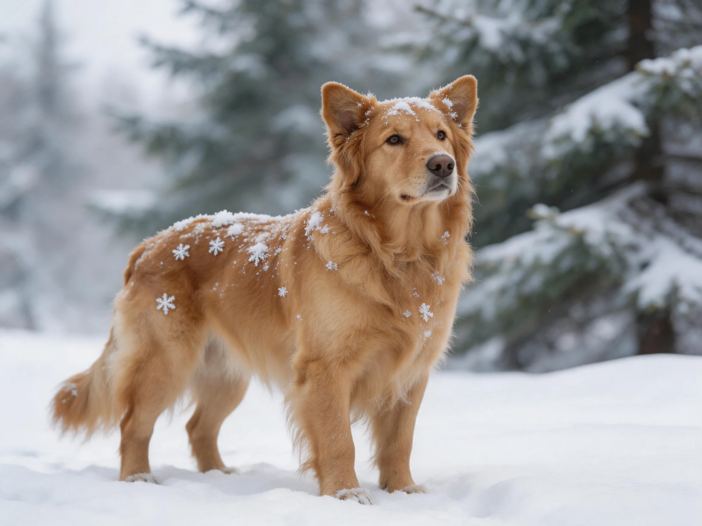 Golden retriever in snowy landscape with snowflakes on fur