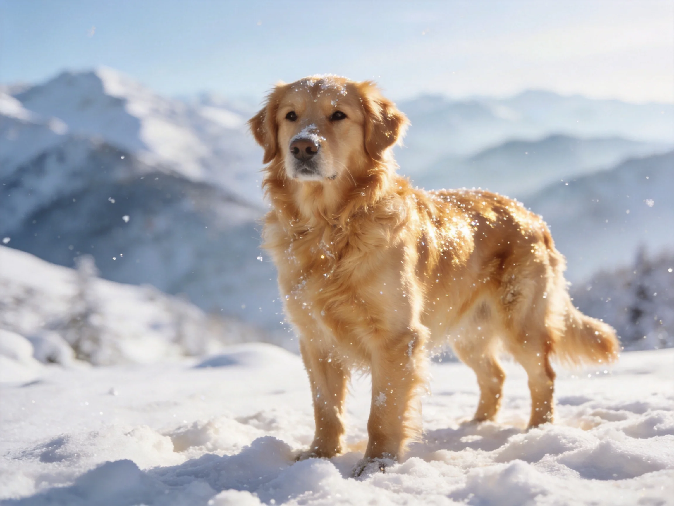 Golden retriever in snowy mountain landscape with falling snow