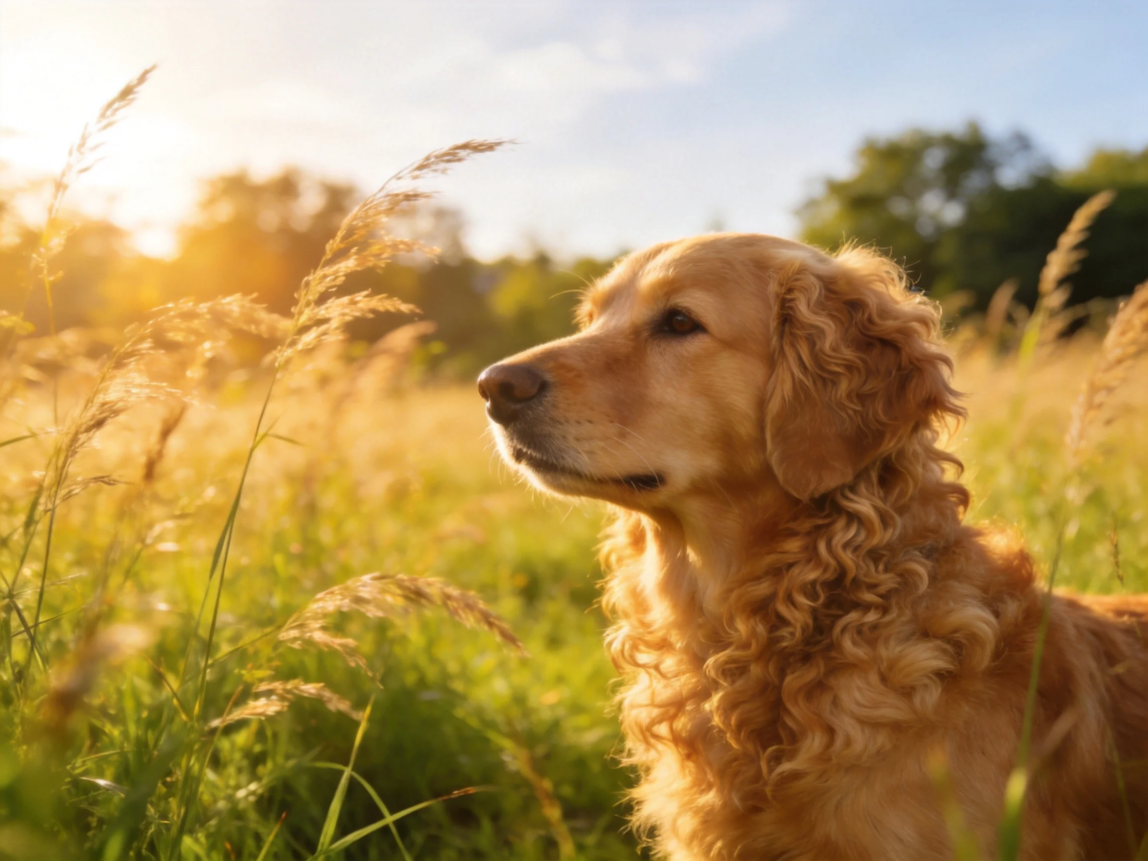 Golden retriever in sun-drenched tall grassy meadow