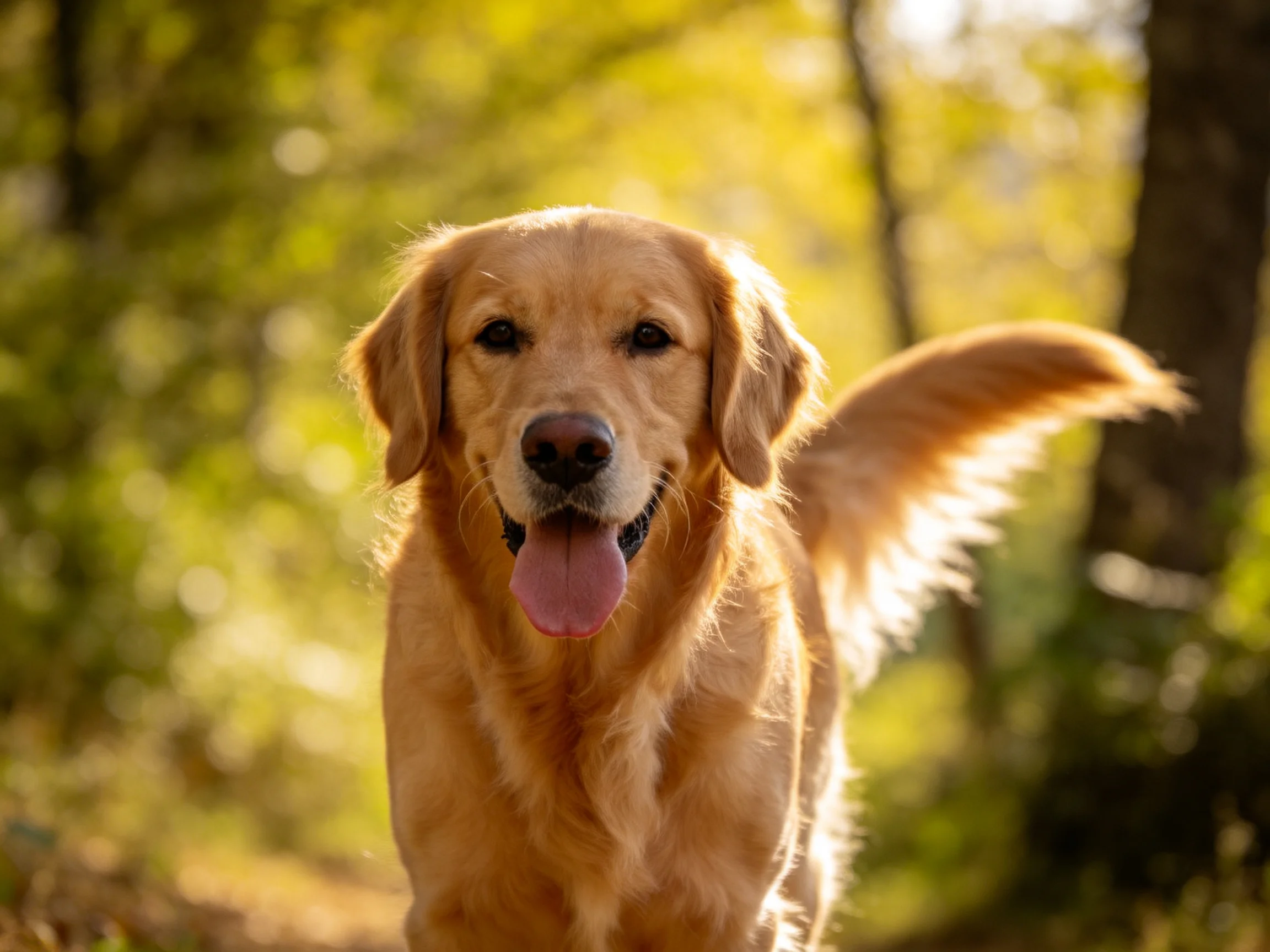 A golden retriever is in a sunlit forest environment.