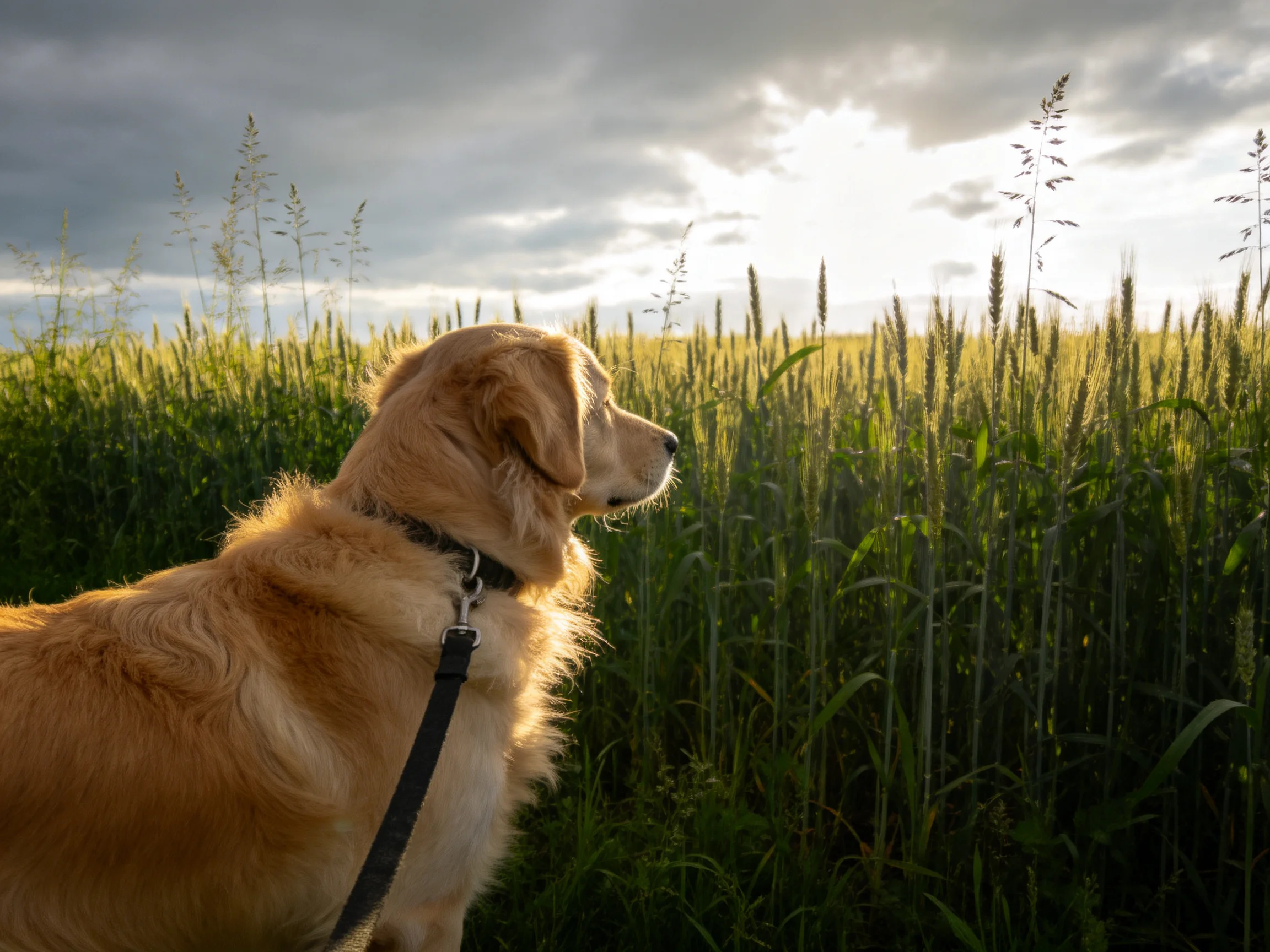 Golden retriever stands in sunlit wheat field during cloudy sunset