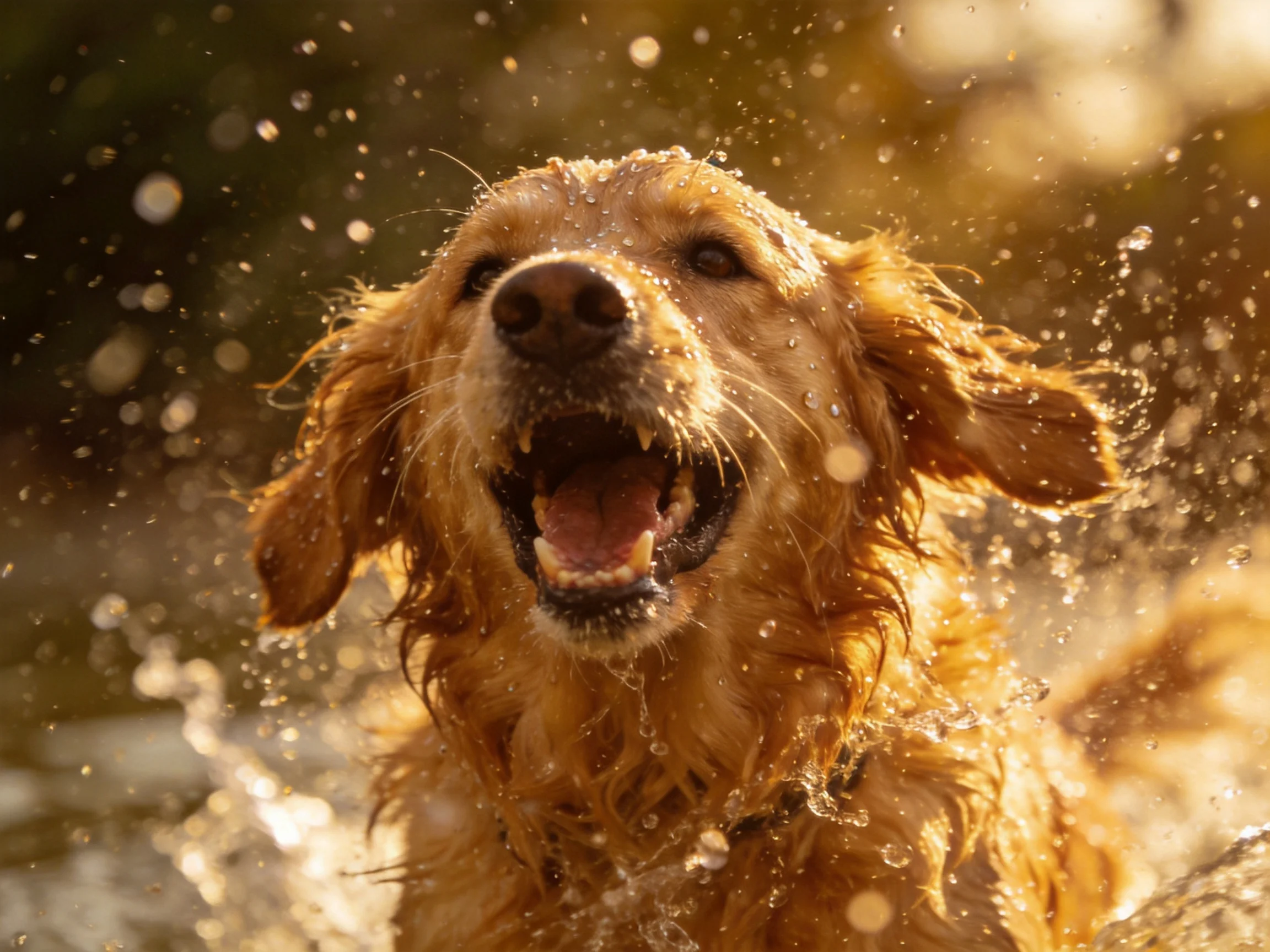 Golden retriever joyfully playing in splashing water under warm sunlight