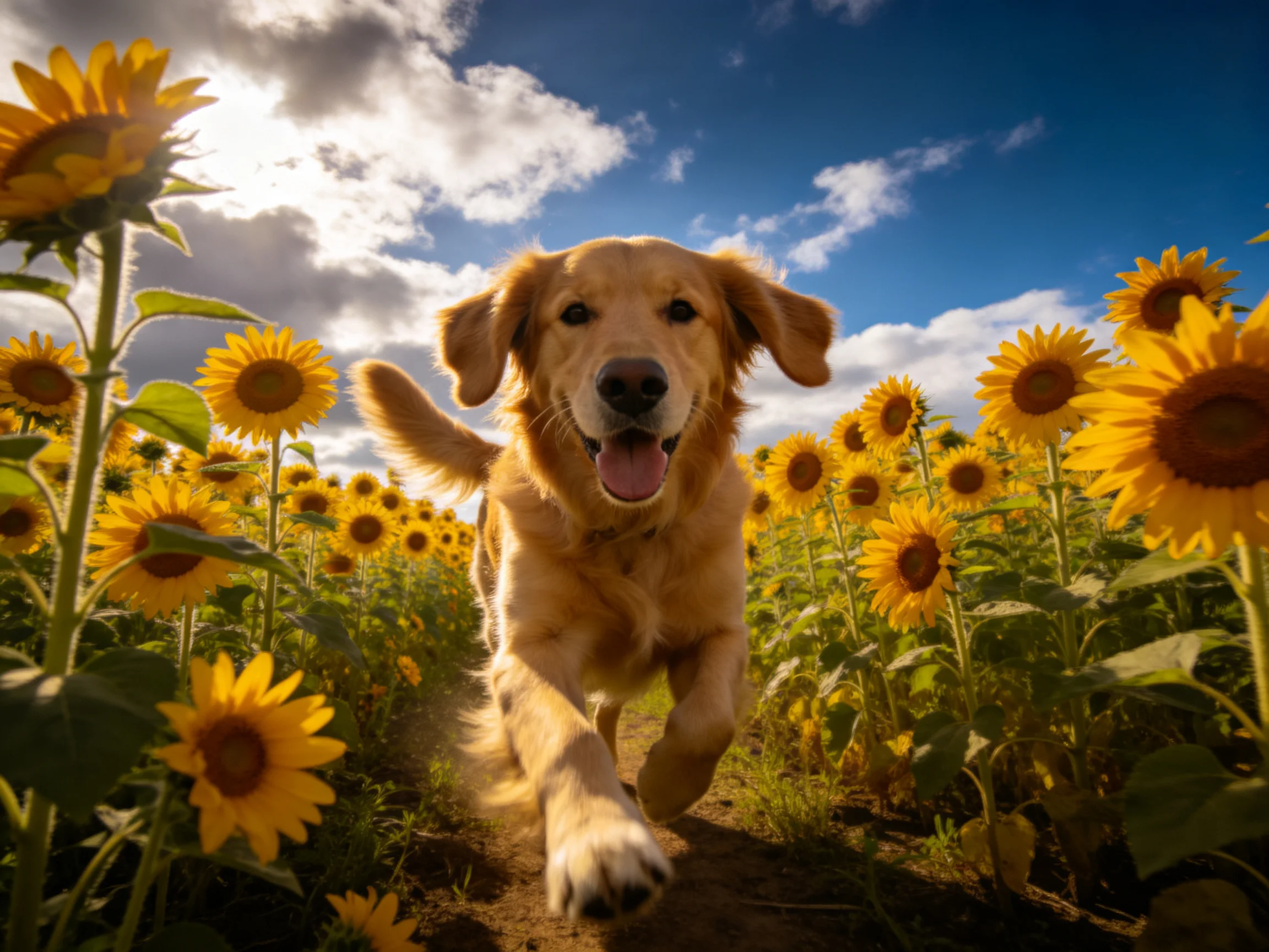 Golden retriever joyfully running through sunflower field with blue sky backdrop