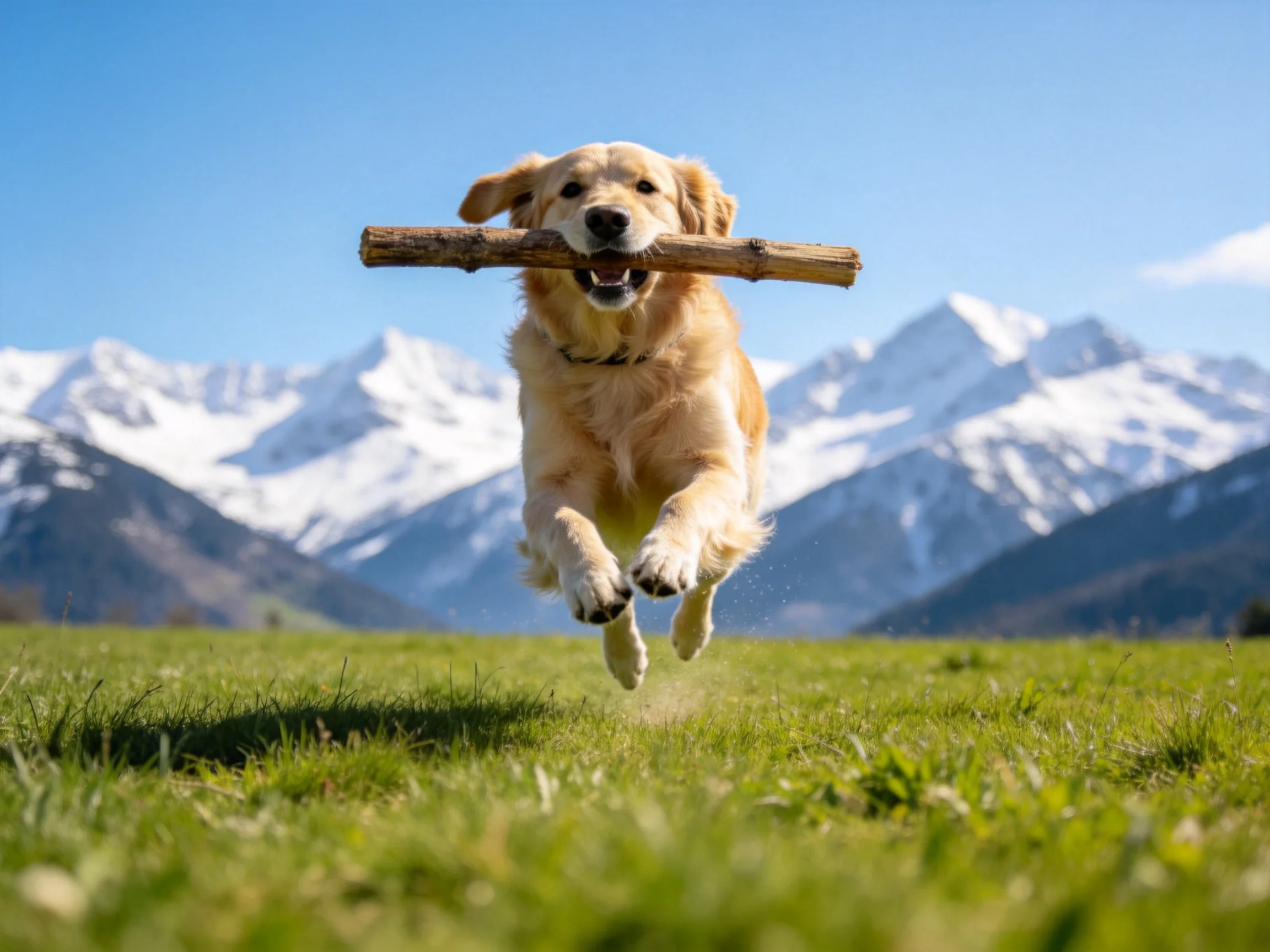 Golden retriever leaping with a wooden stick near snow-capped mountains