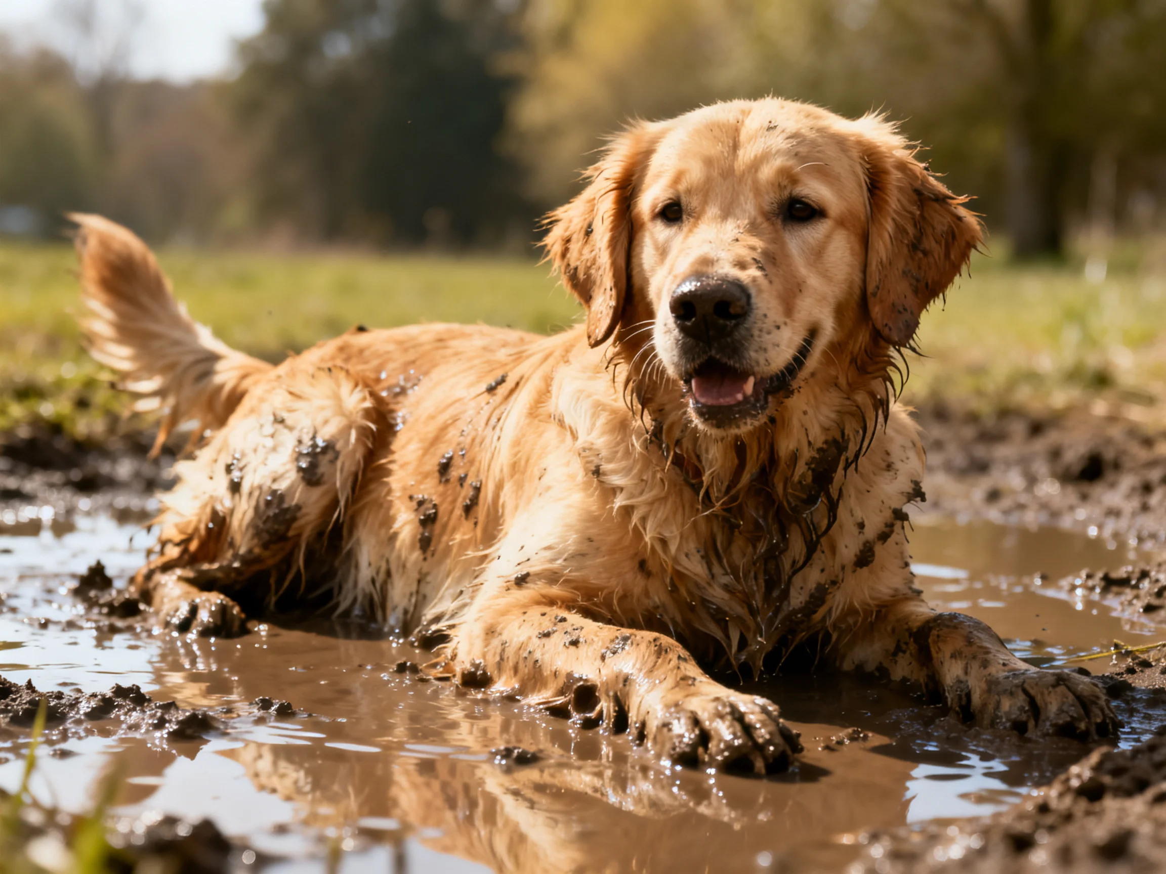 Golden retriever lounging in muddy water by a grassy field