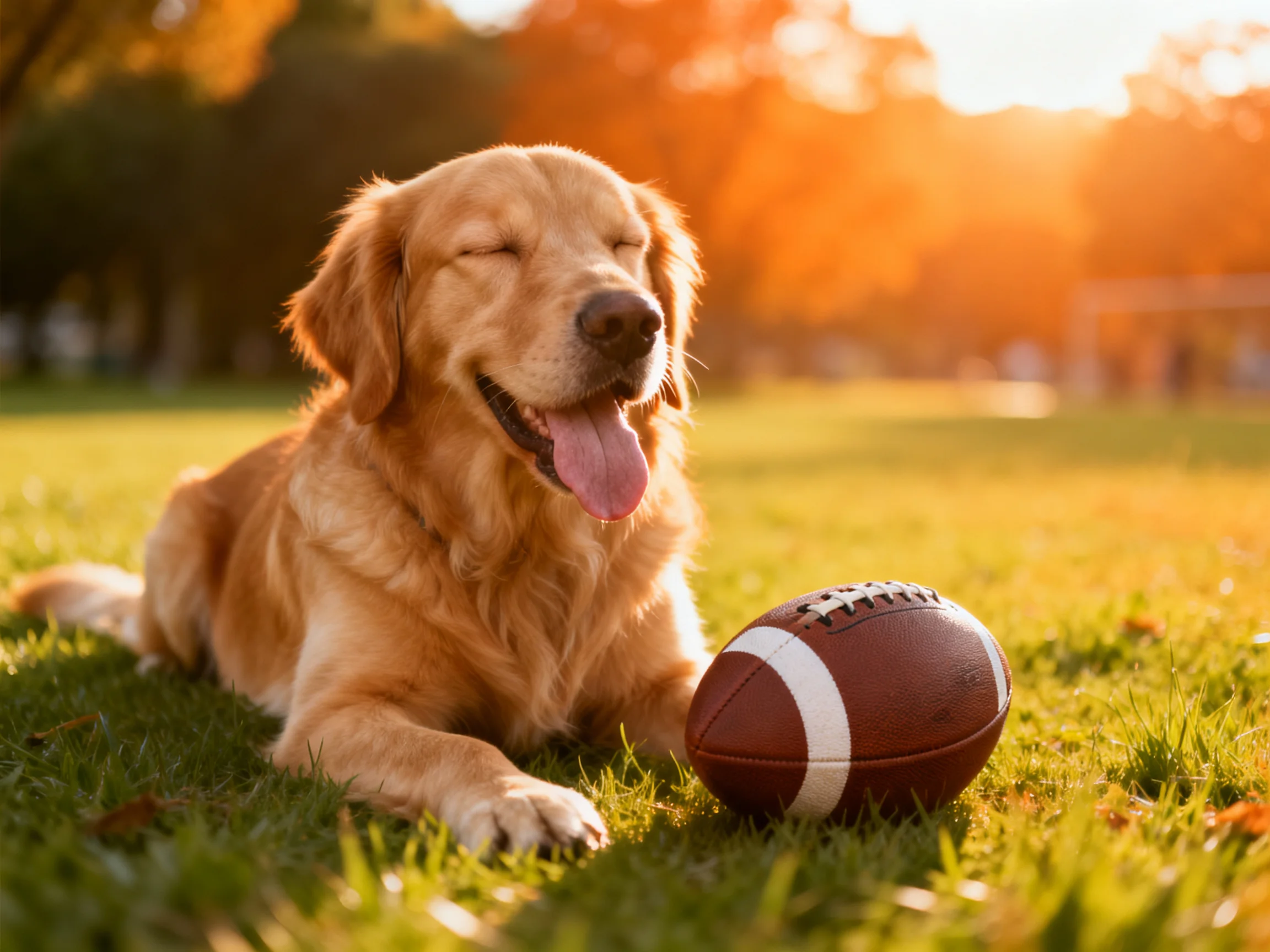 Golden retriever lounging next to football on sunlit grassy field