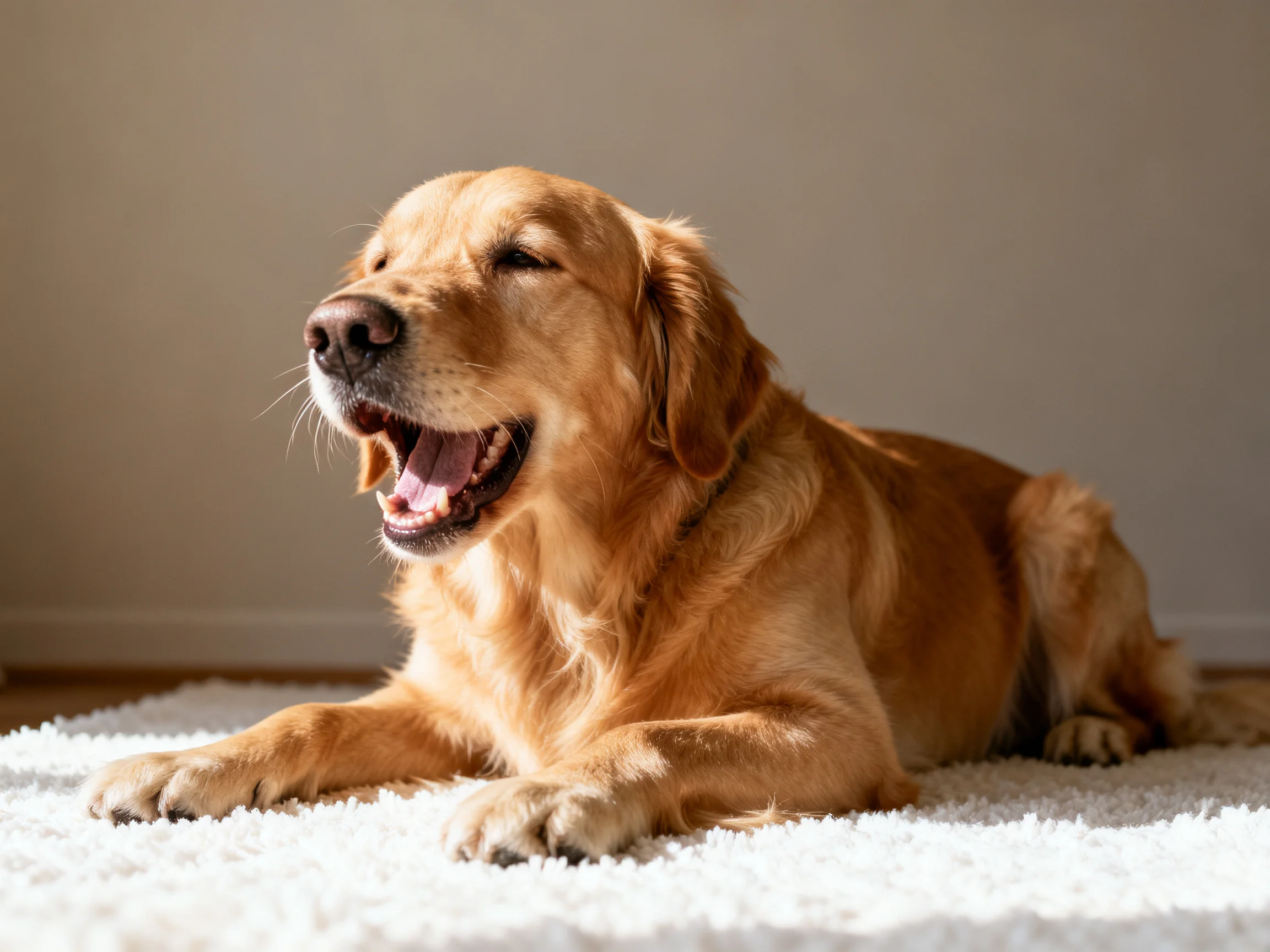 Golden retriever lounging on a plush white rug in a sunlit room