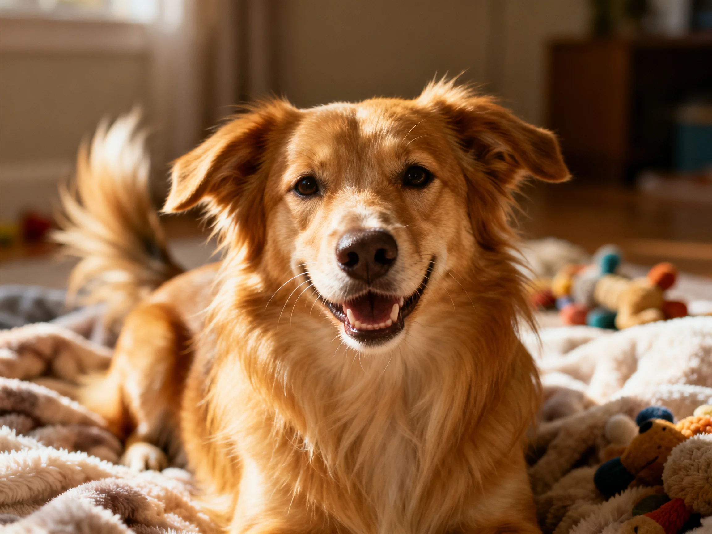 Golden retriever mix relaxing on soft blankets near colorful toys
