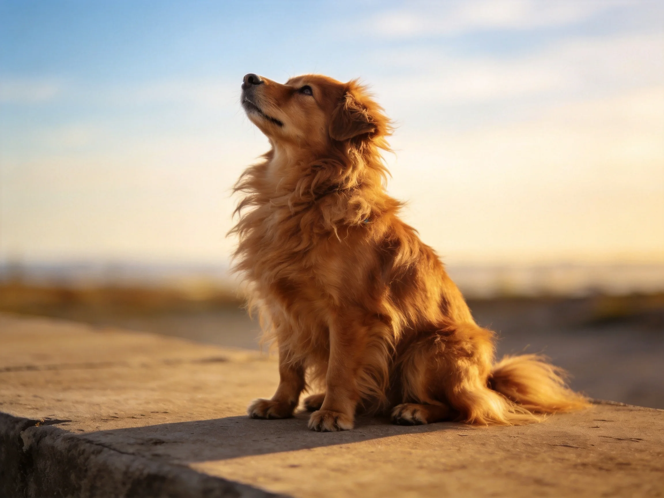 Golden retriever mix sits on a concrete ledge during sunset