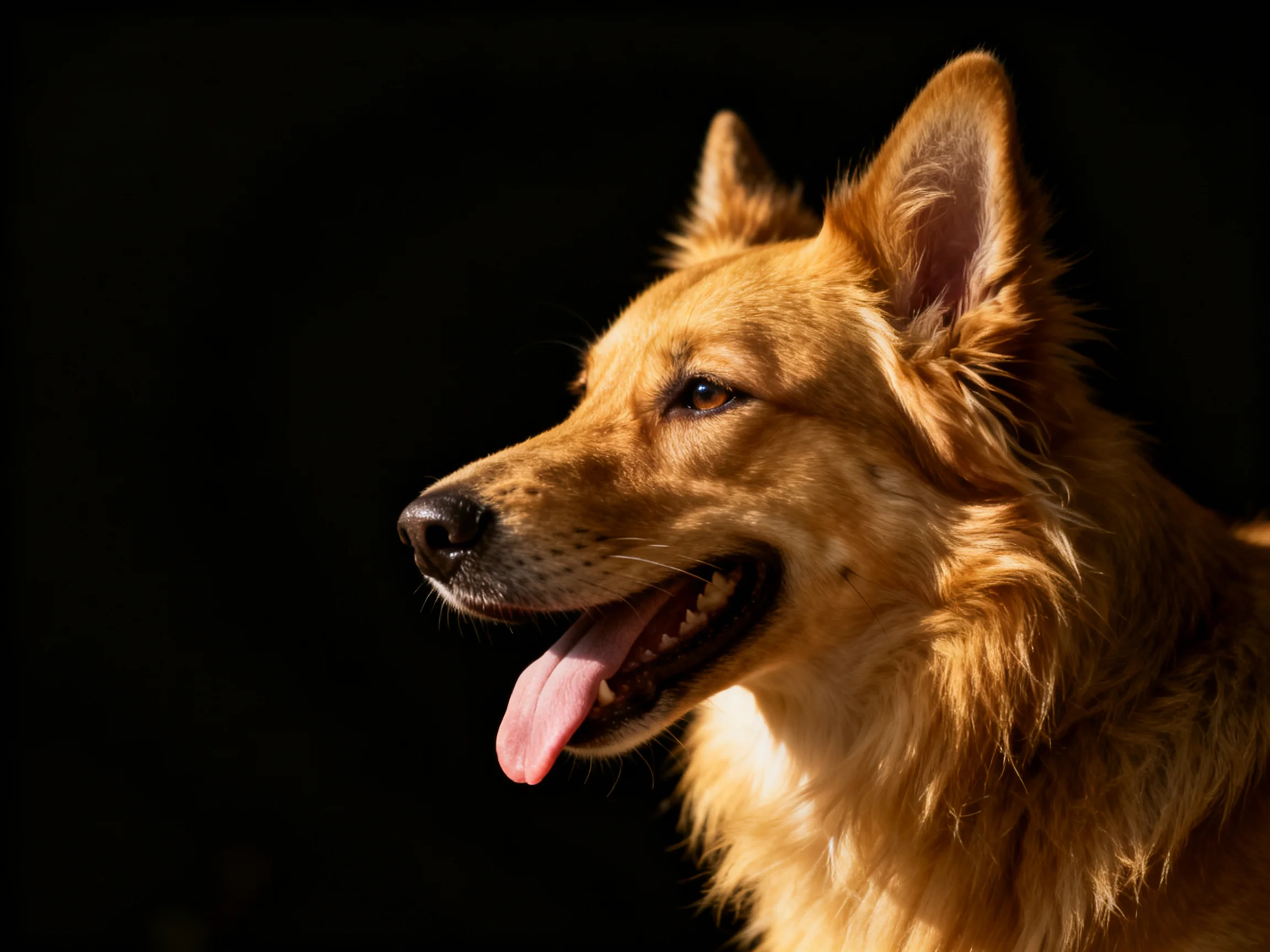 Golden retriever mix with shaggy golden fur against a dark background