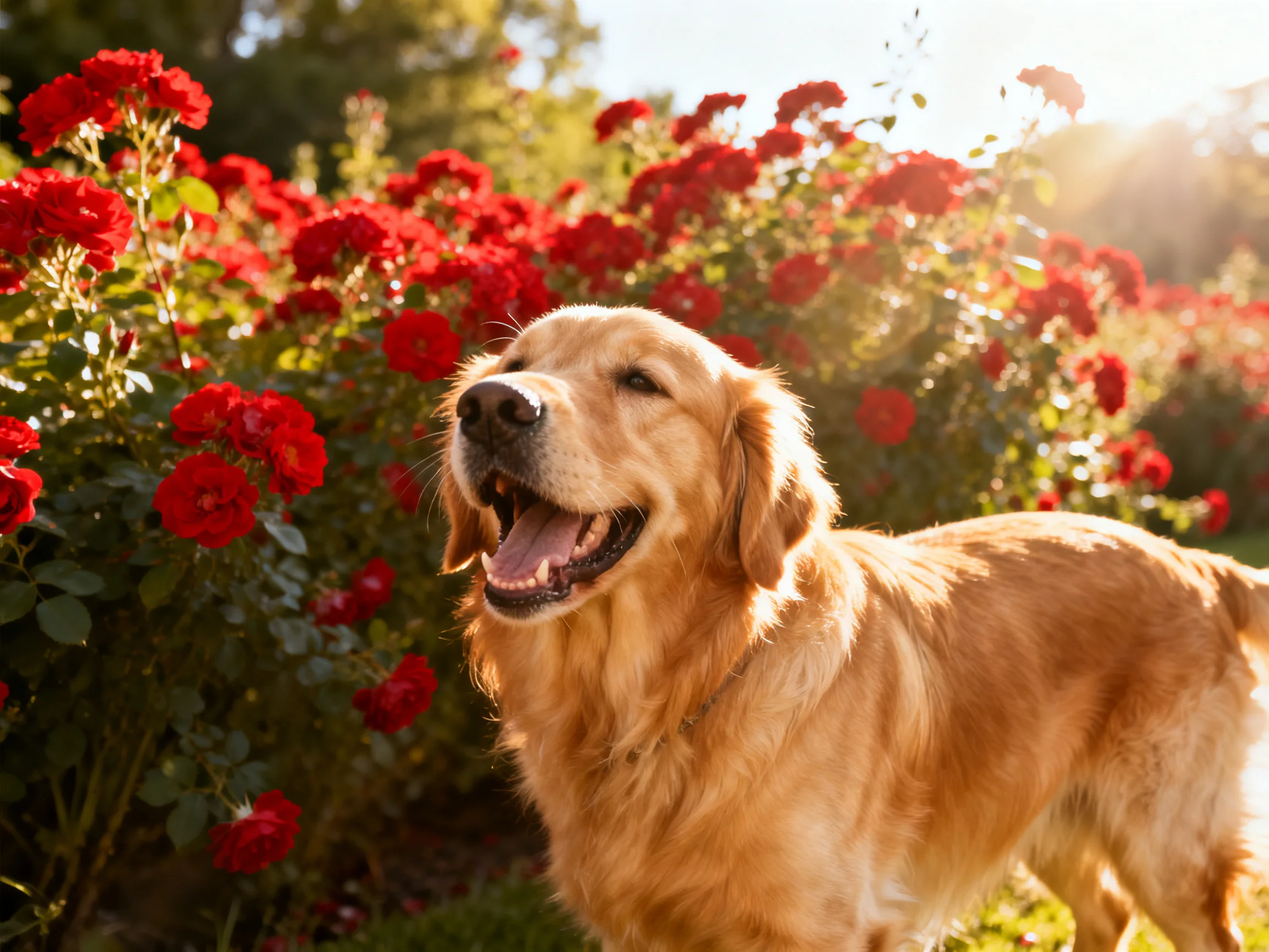 A golden retriever enjoys time among red rose bushes in sunlight.