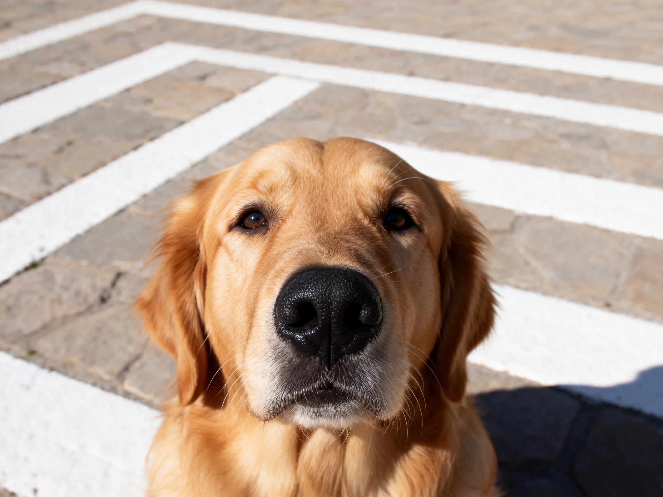 A golden retriever sits next to a white crosswalk on paved ground.