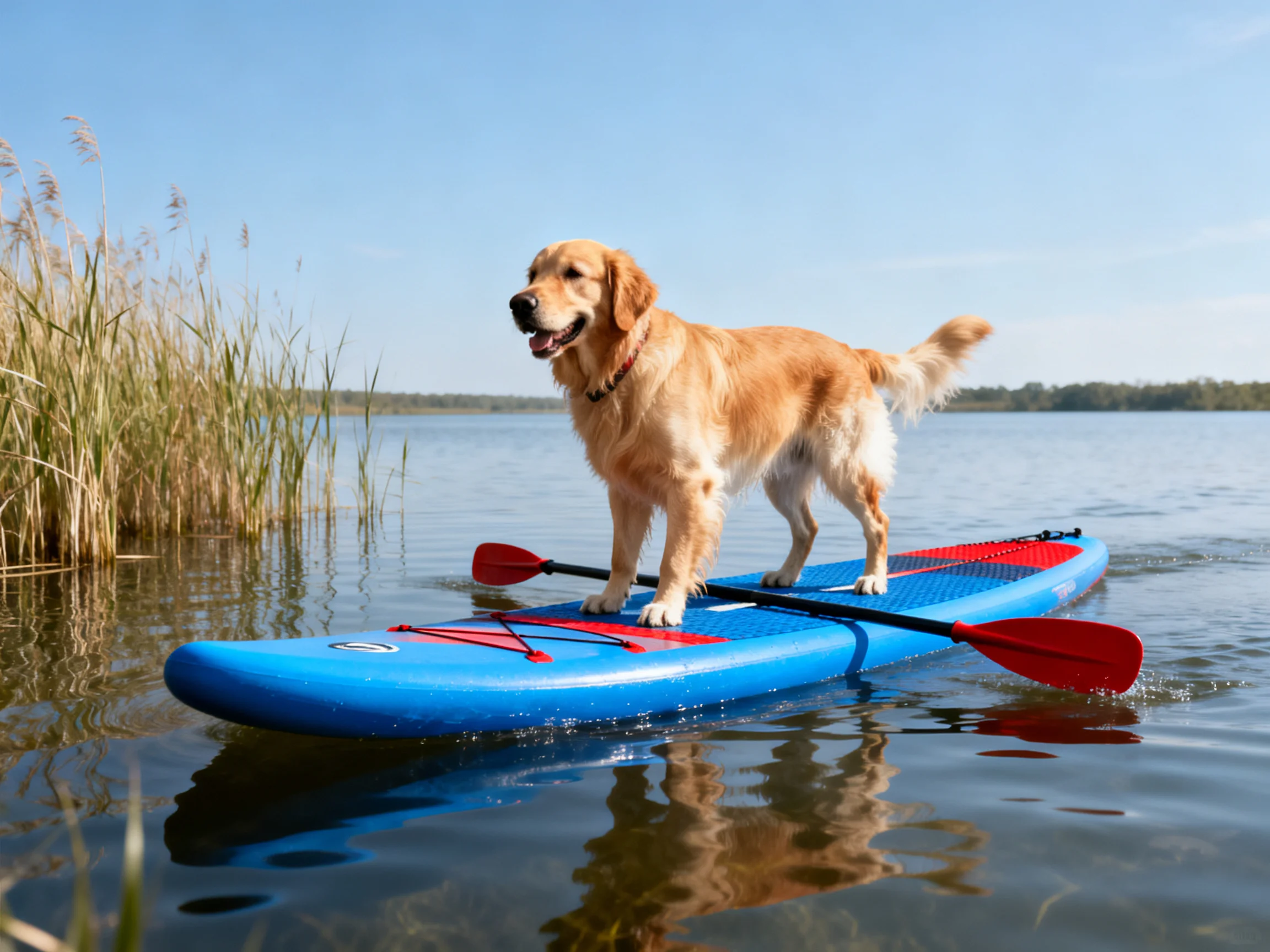 A golden retriever stands on a blue paddleboard with red paddles in calm water.