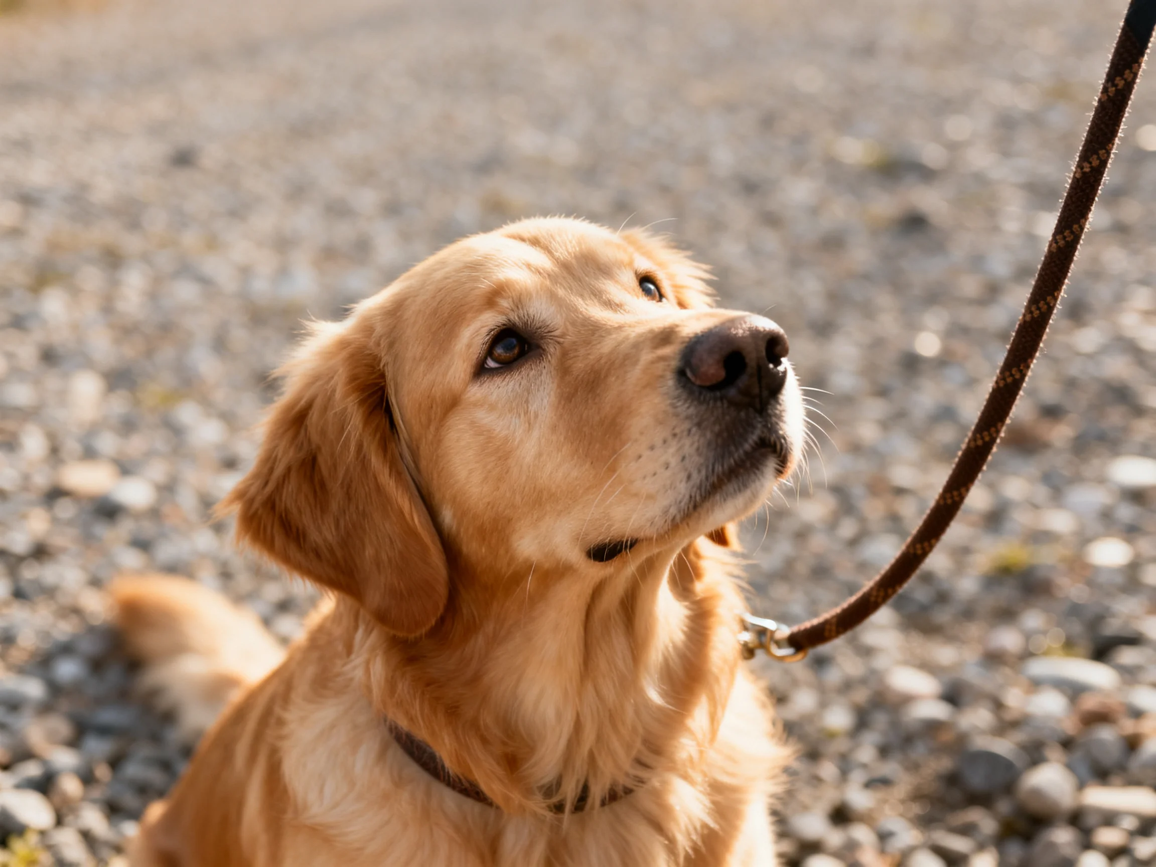 Golden retriever on pebbly ground with a brown leash
