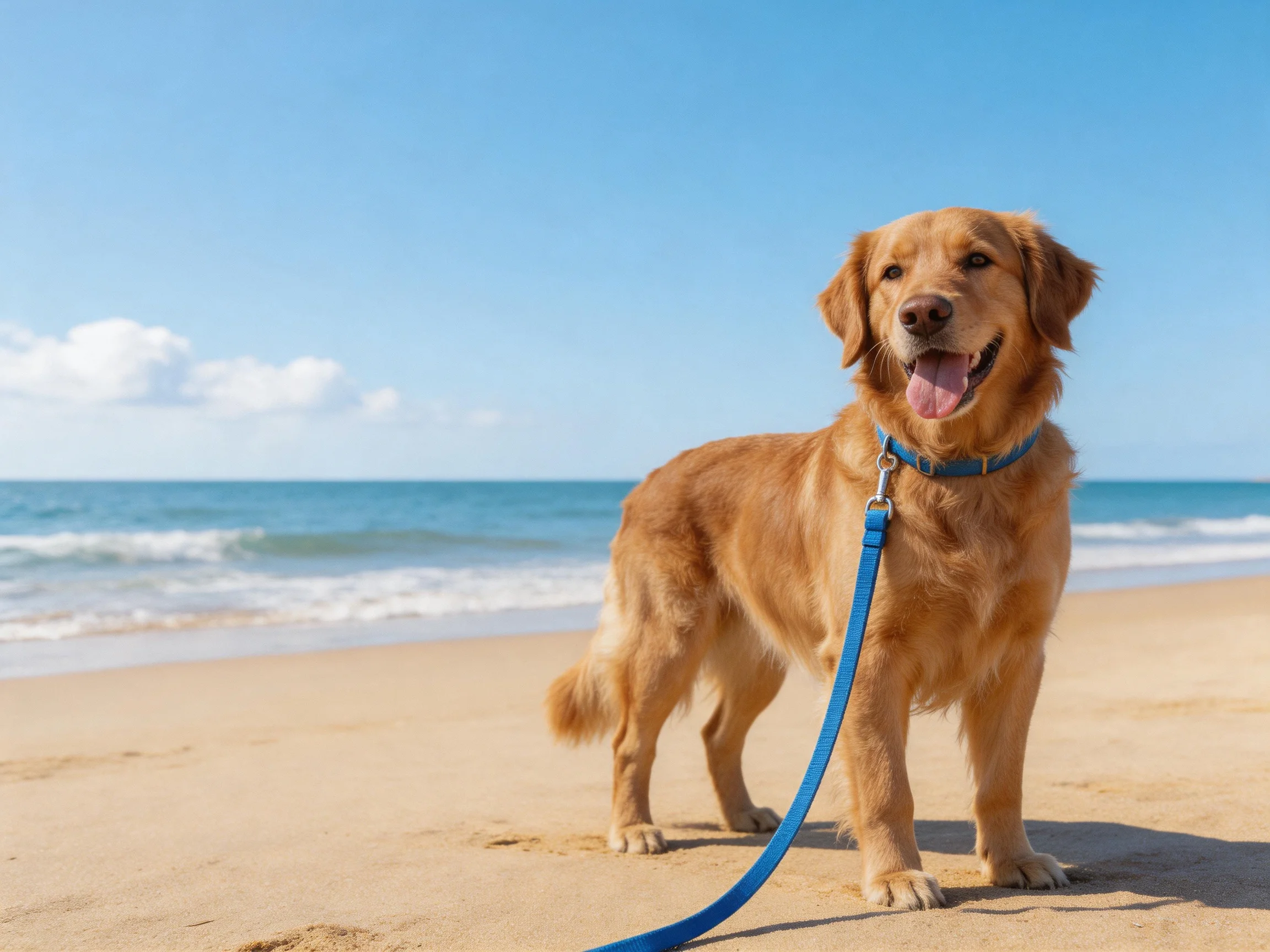 A golden retriever stands on a sandy beach near the ocean with a blue leash.