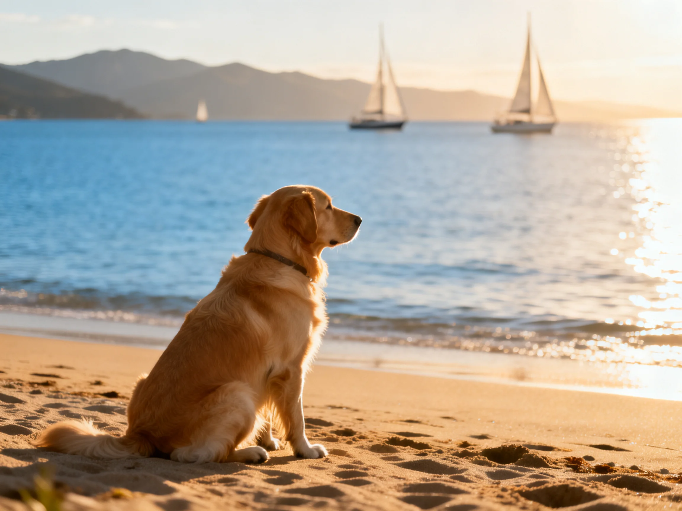 A golden retriever sits on a sandy beach with sailboats in the distance