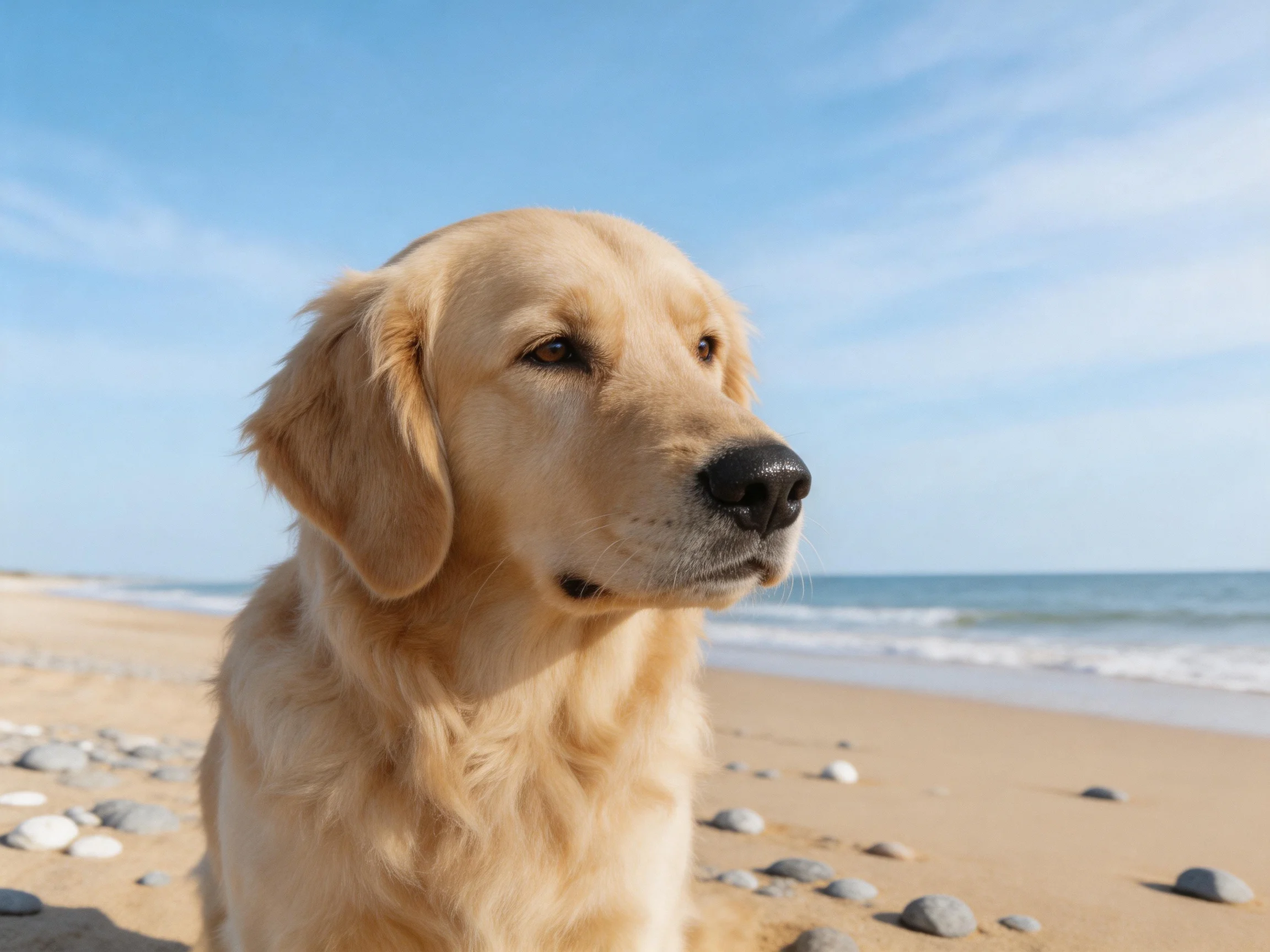Golden retriever on sandy beach with scattered pebbles