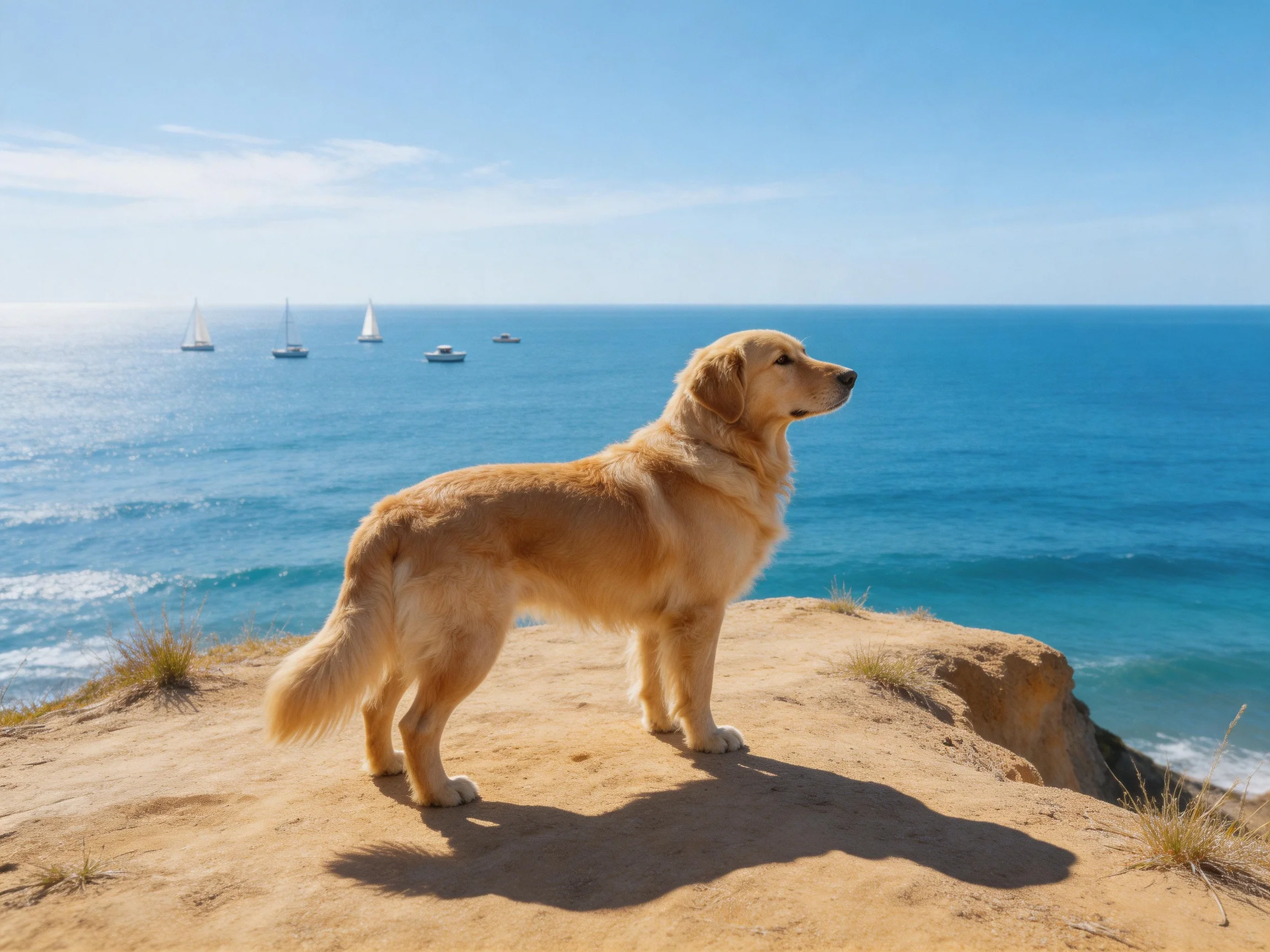 Golden retriever on sandy cliff overlooking blue ocean with sailboats