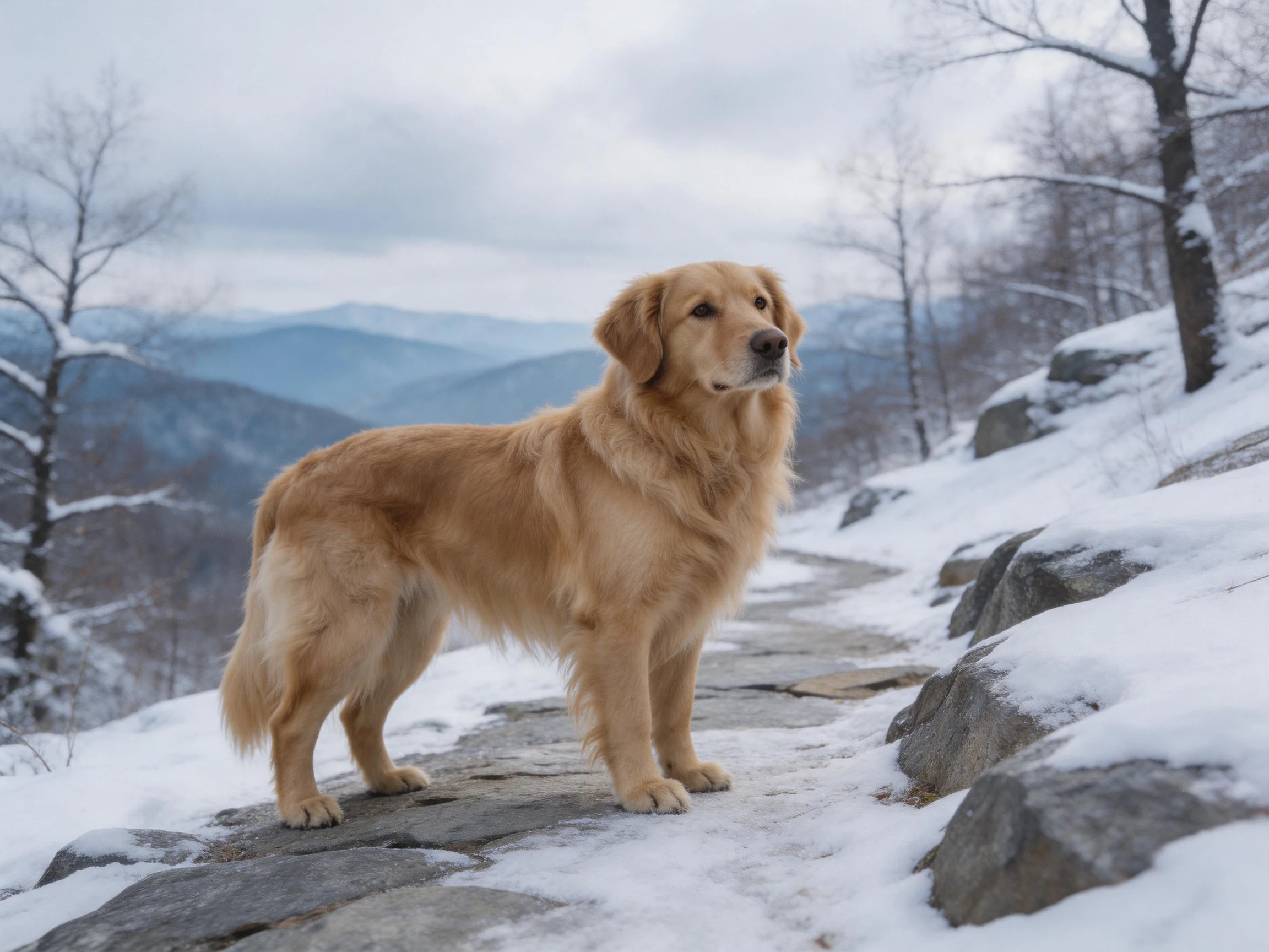 Golden retriever stands on snow-dusted path in wintry mountainous landscape.