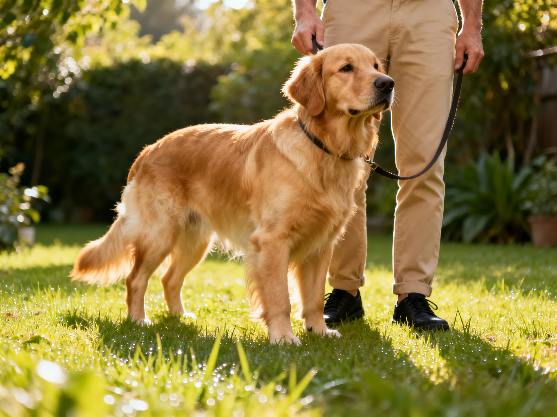 Golden retriever stands on green grass beside a person in khaki pants in a sunny garden.