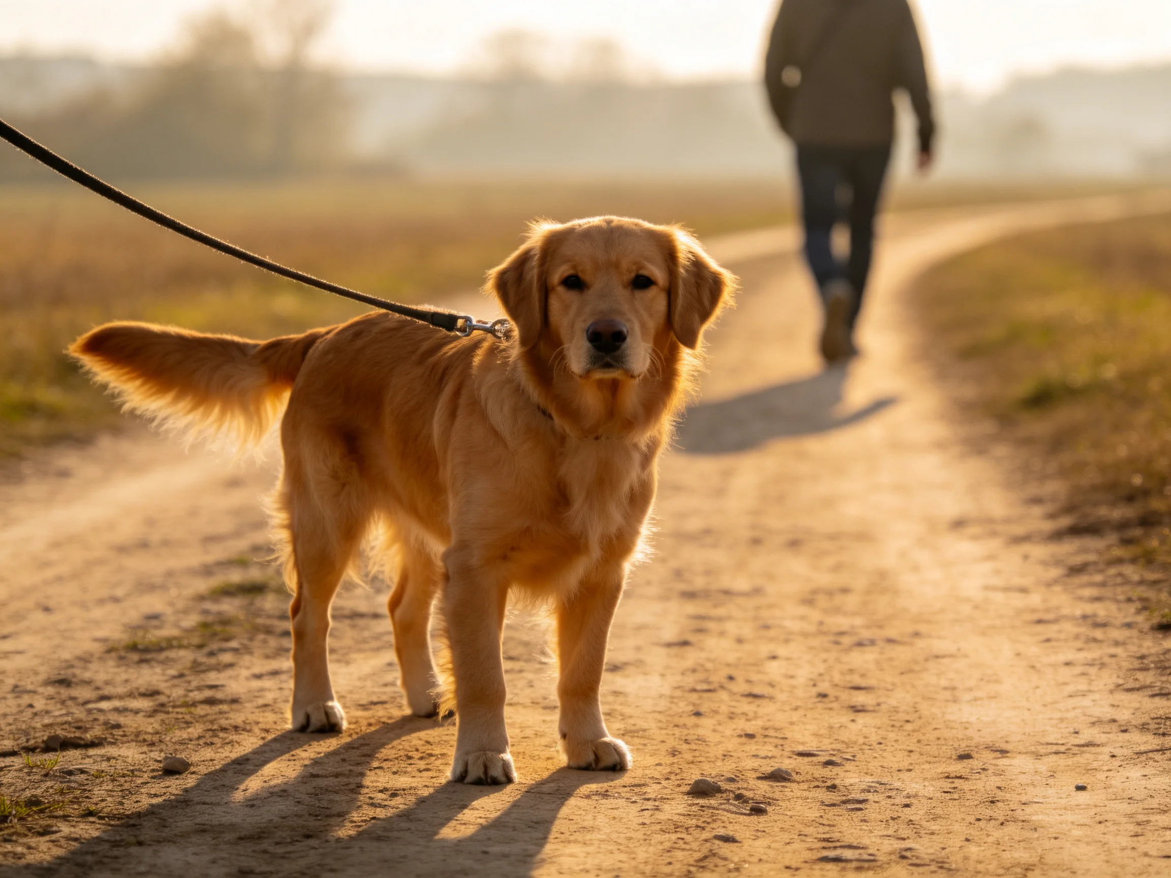 A golden retriever pauses on a dirt path as a person walks away.