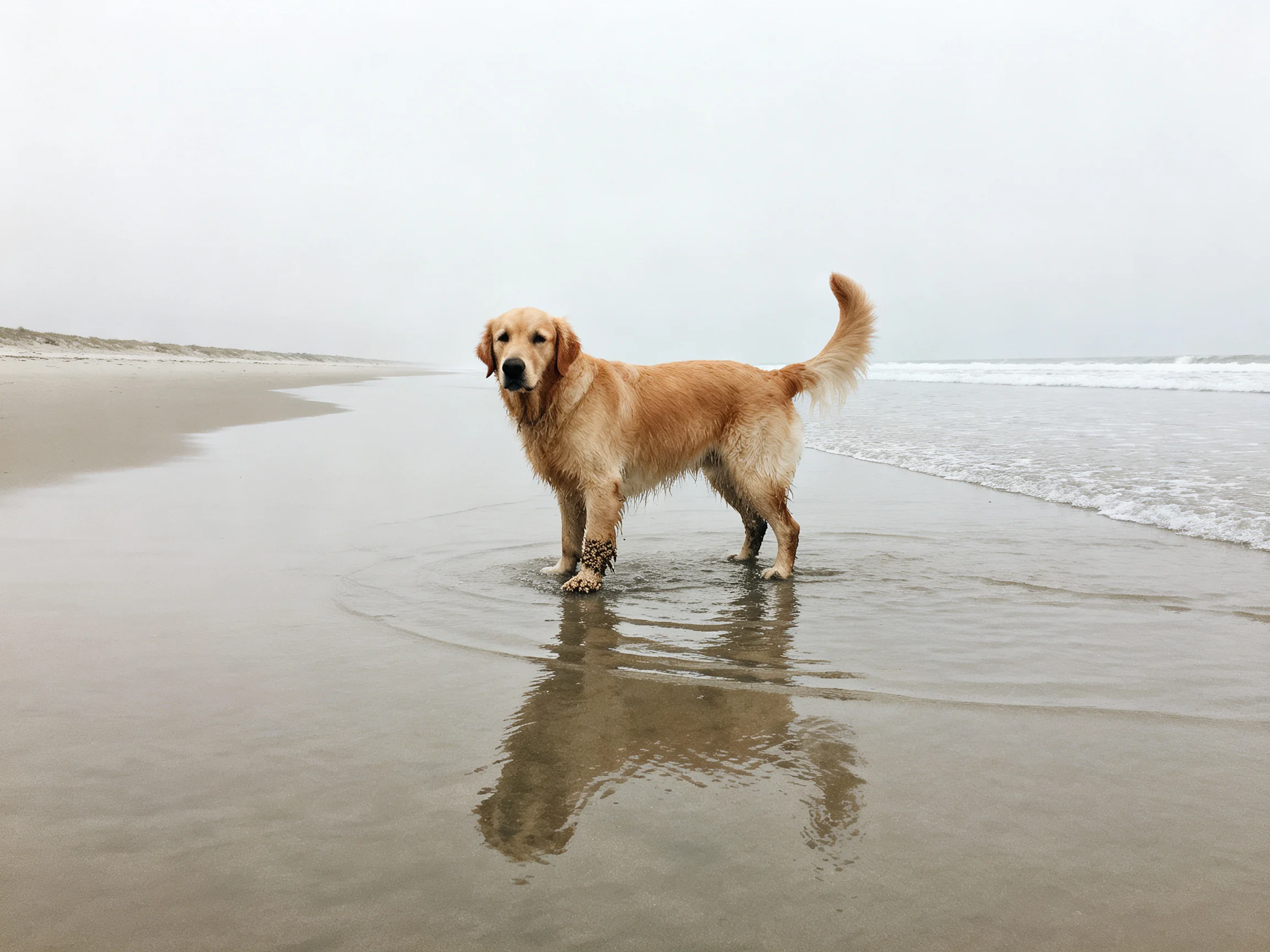 Golden retriever on wet sandy shore by ocean waves