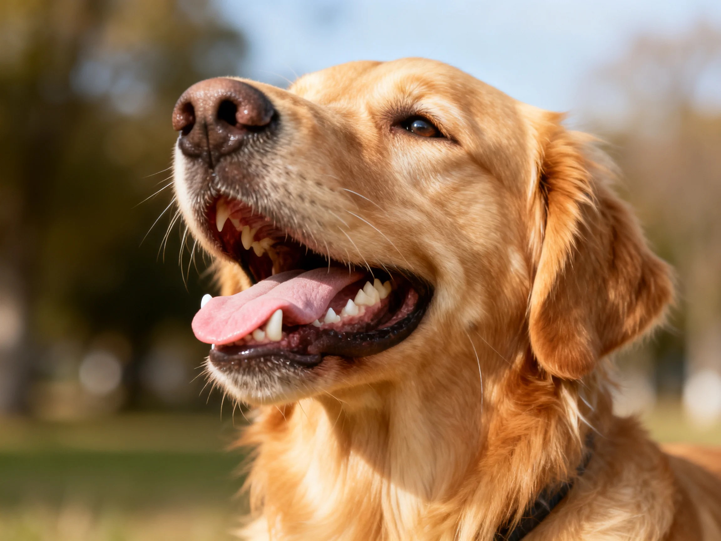 Golden retriever panting joyfully in a sunny park
