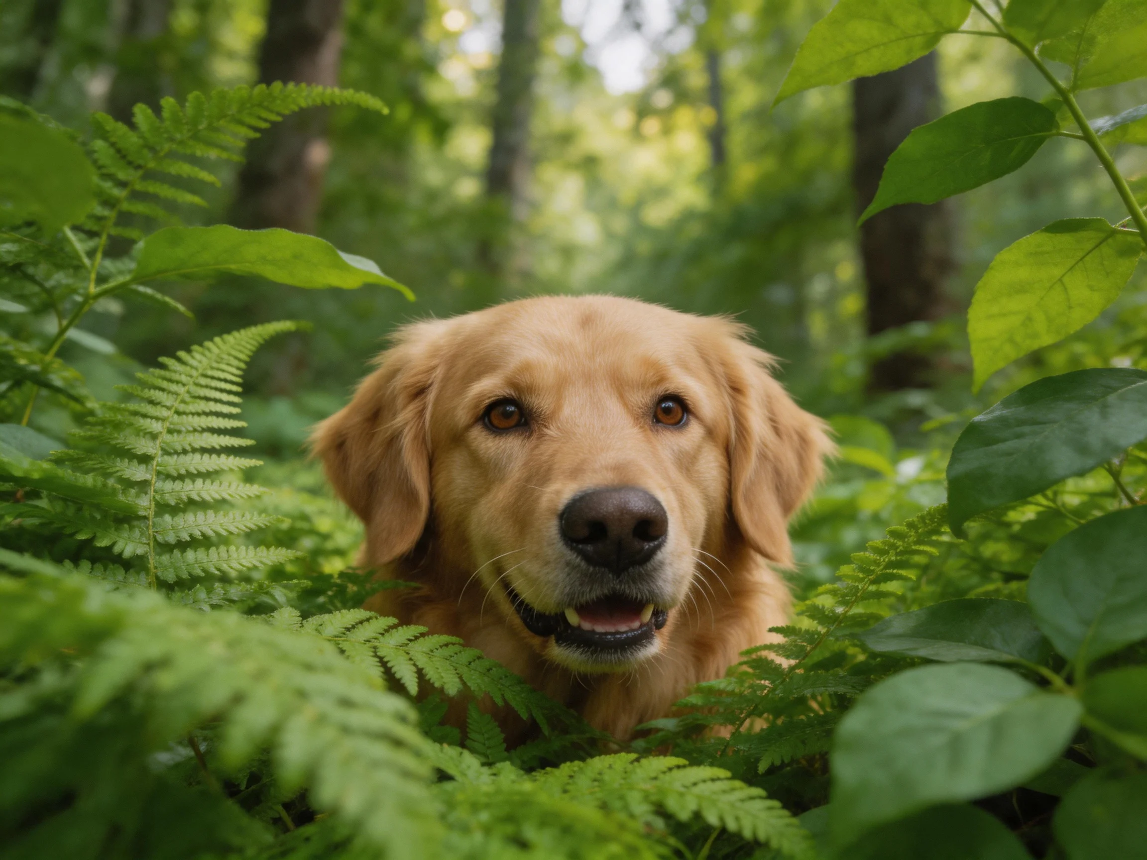 Golden retriever peeking through lush green ferns in a sun-dappled forest