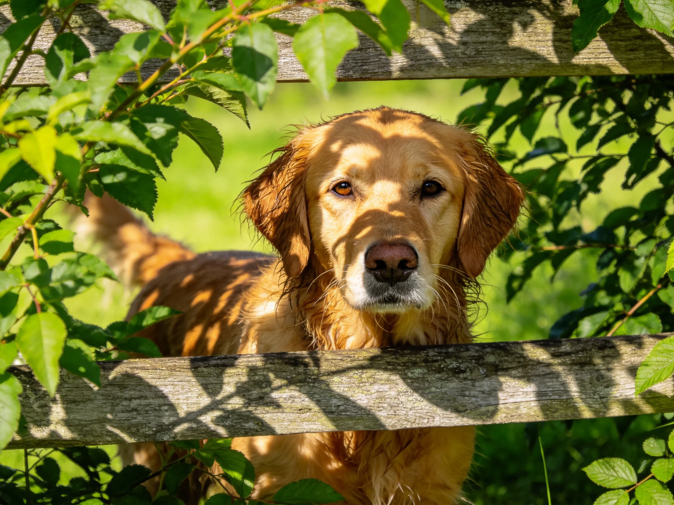 Golden retriever peeks through an aged wooden fence amid lush green foliage