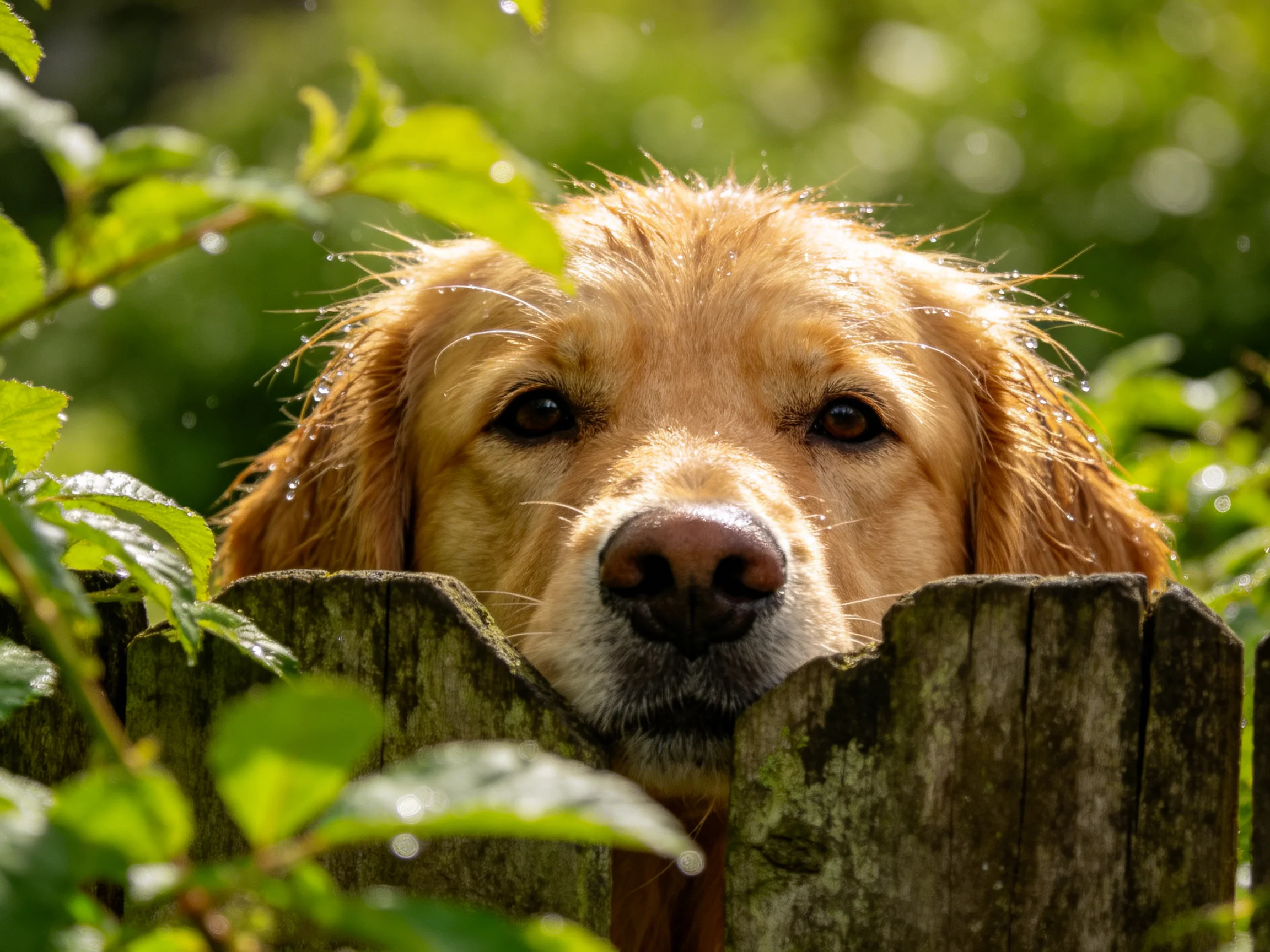 A golden retriever looks out from behind a weathered fence in a verdant setting.