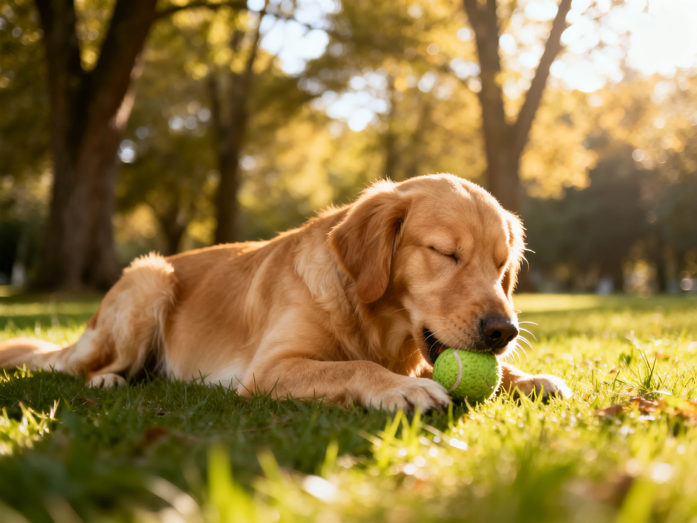 Golden retriever playing with green tennis ball in sunlit park