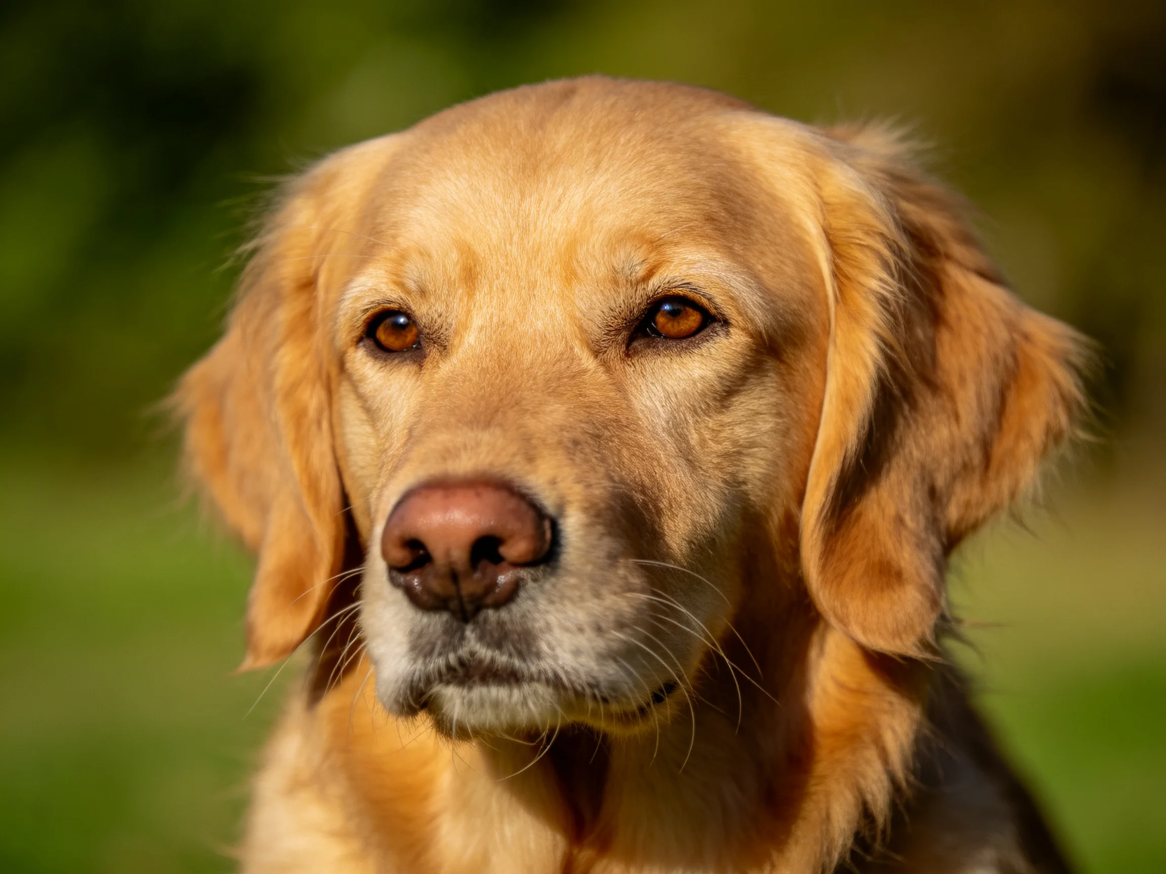 Golden retriever with amber eyes is photographed against a blurred green background.