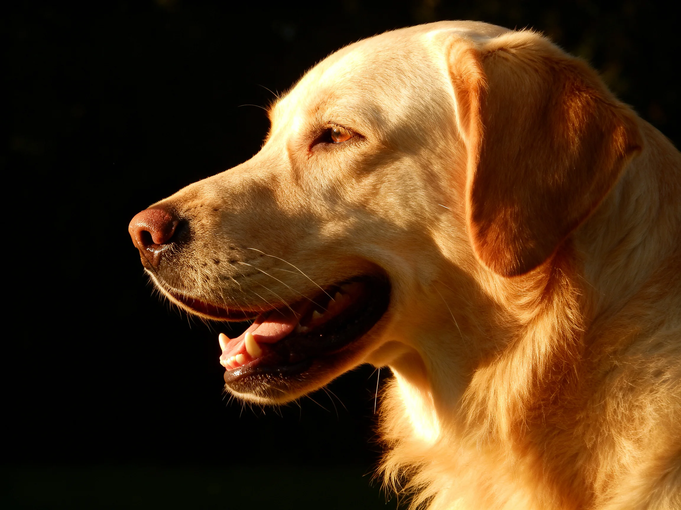 Golden retriever profile highlighted by warm sunlight against dark backdrop