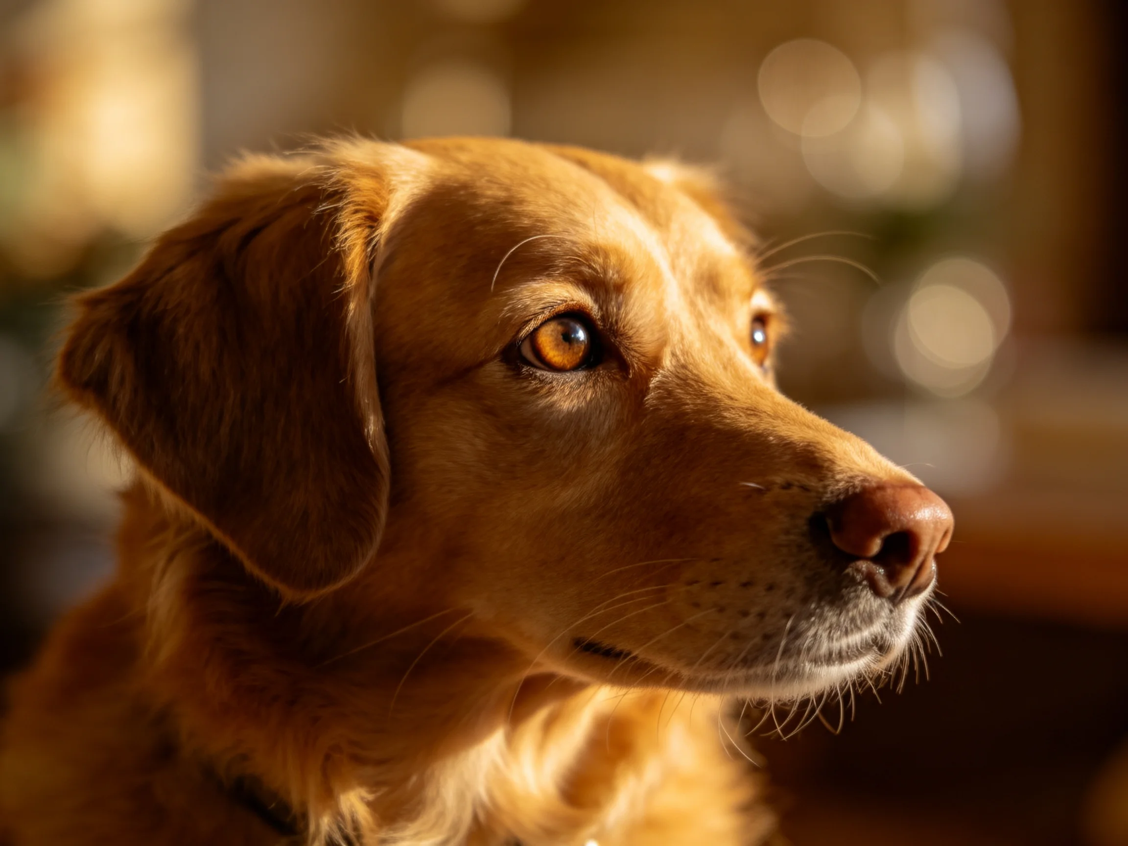 Golden retriever profile illuminated by warm indoor light