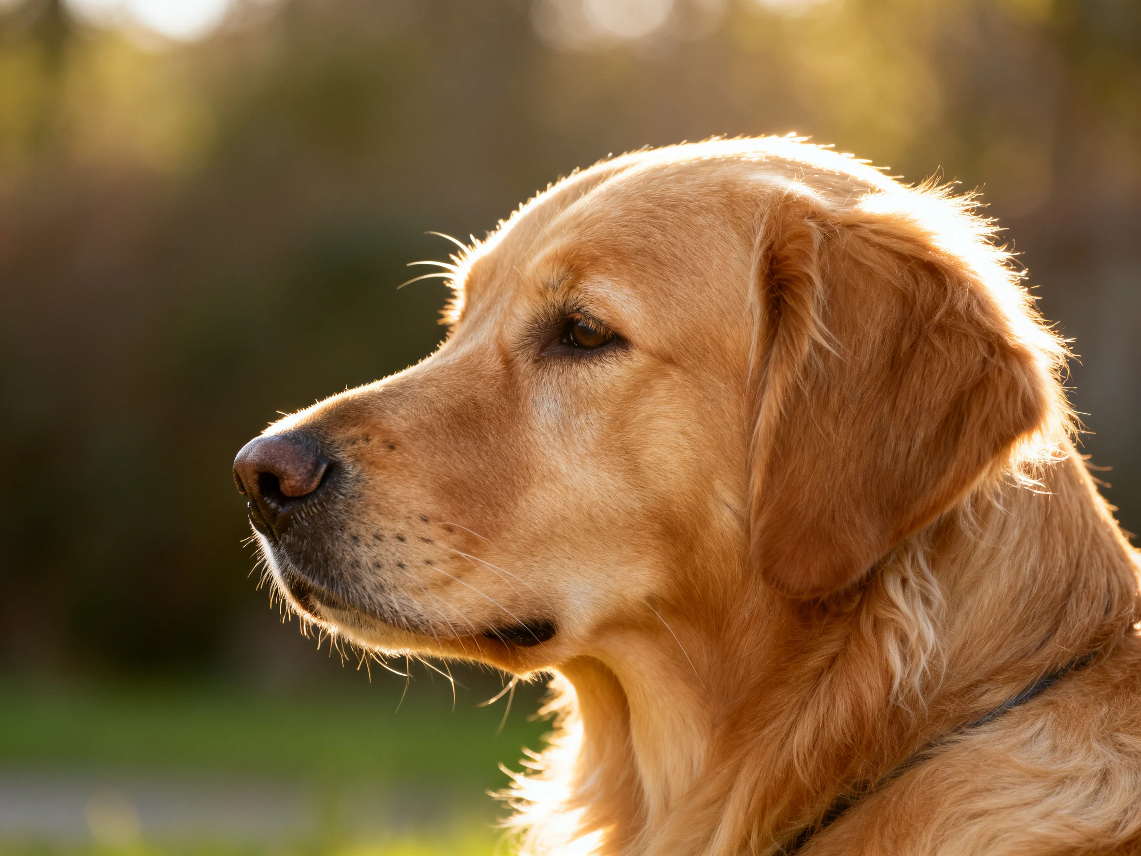 Golden retriever profile illuminated by warm sunlight with blurred natural backdrop