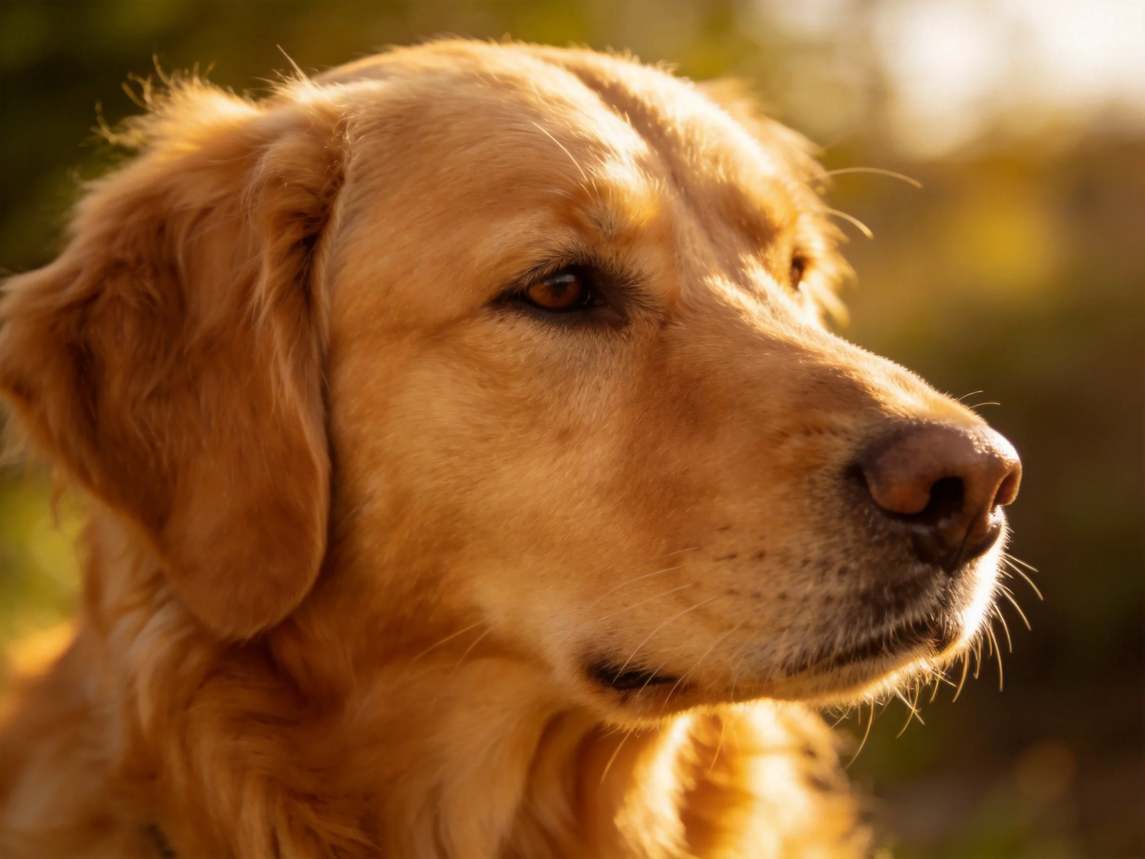 Golden retriever shown in profile during golden hour.
