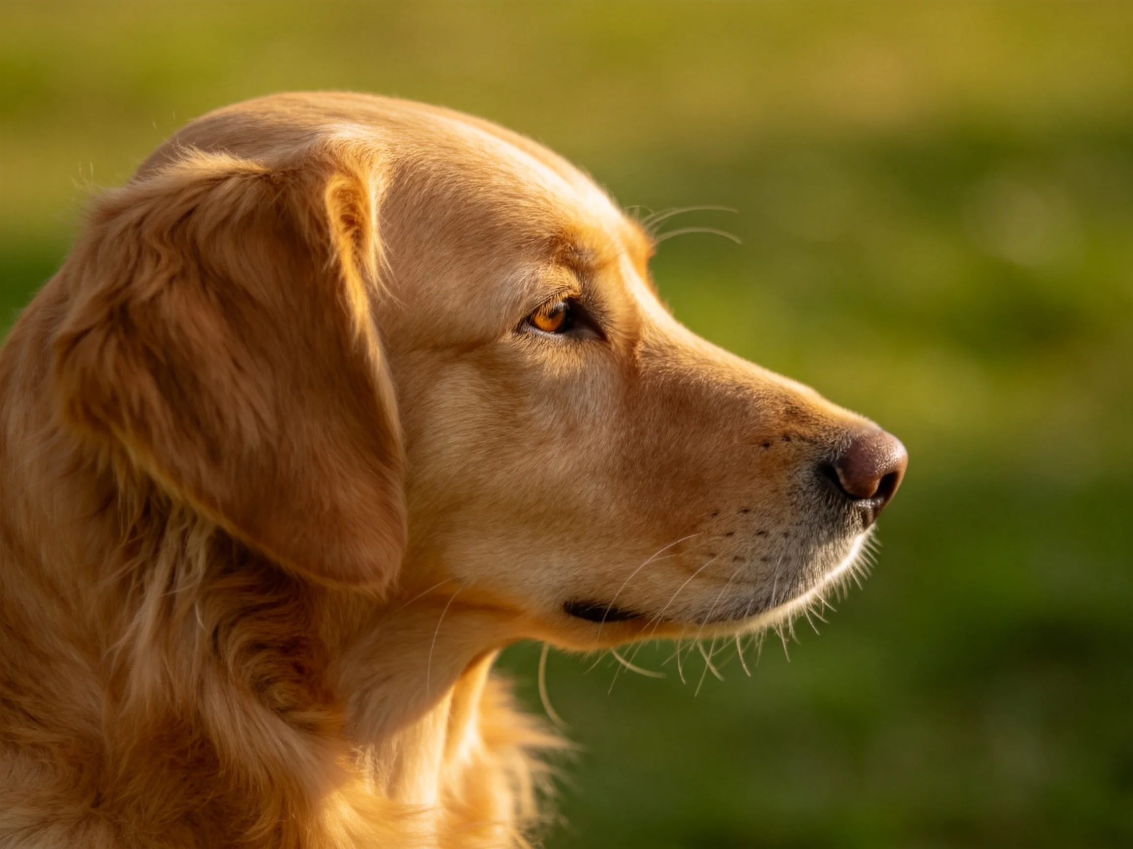 Golden retriever profiled under warm sunlight with blurred green backdrop