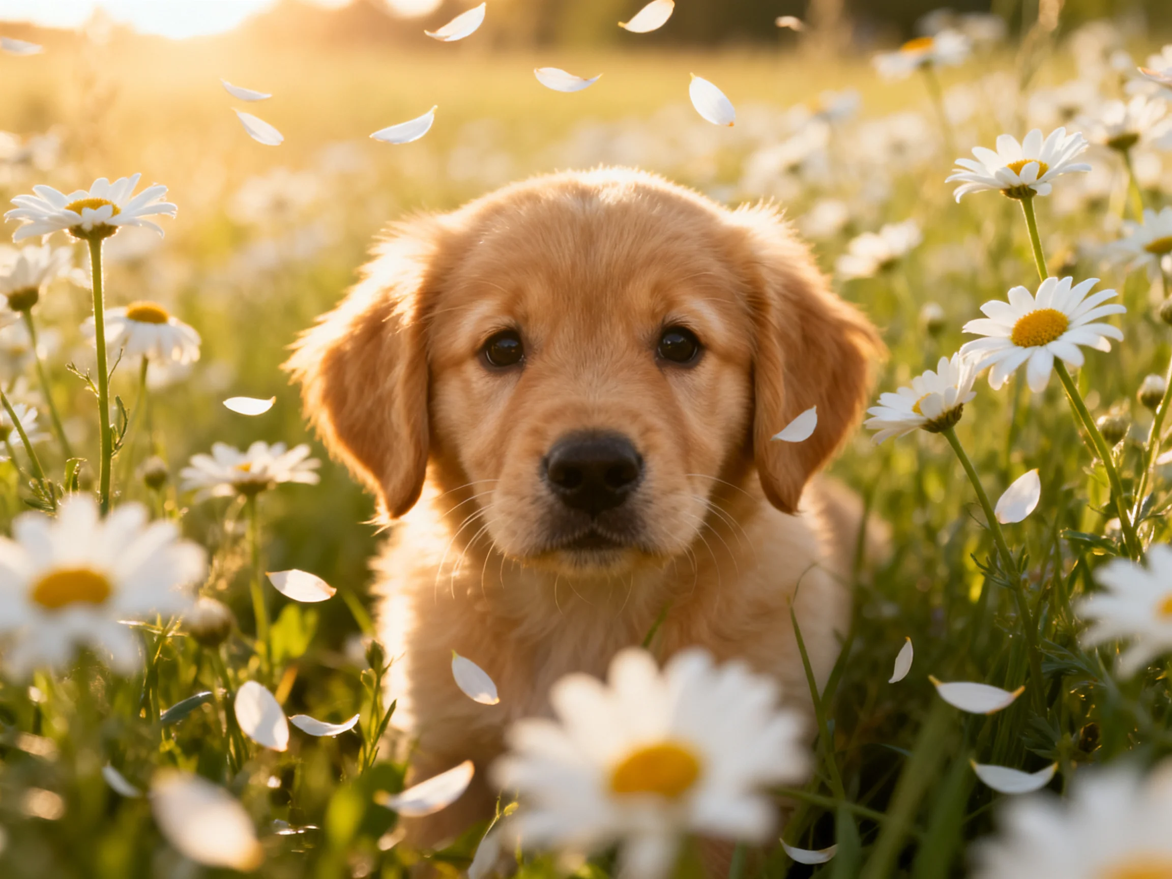 Golden retriever puppy sits among daisies in a sunlit meadow.