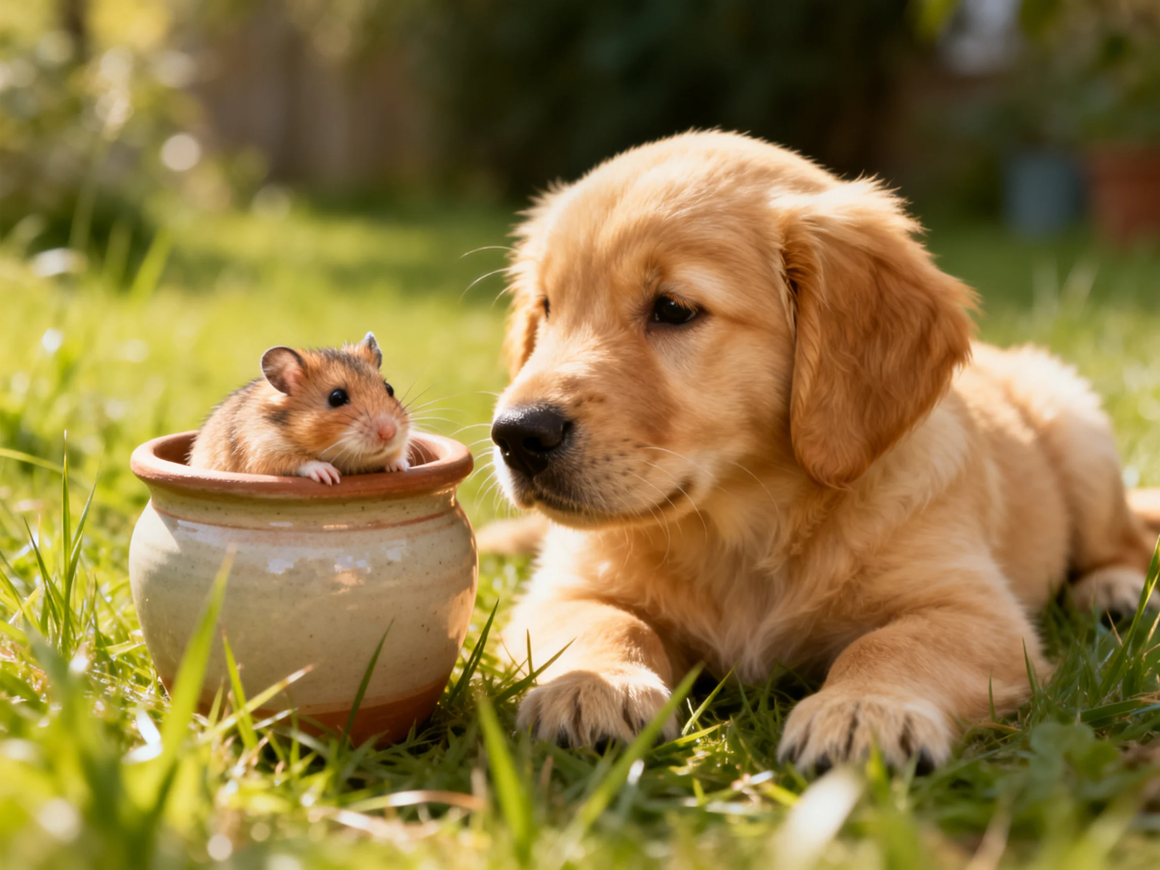 A golden retriever puppy observes a hamster in a pot on grass.