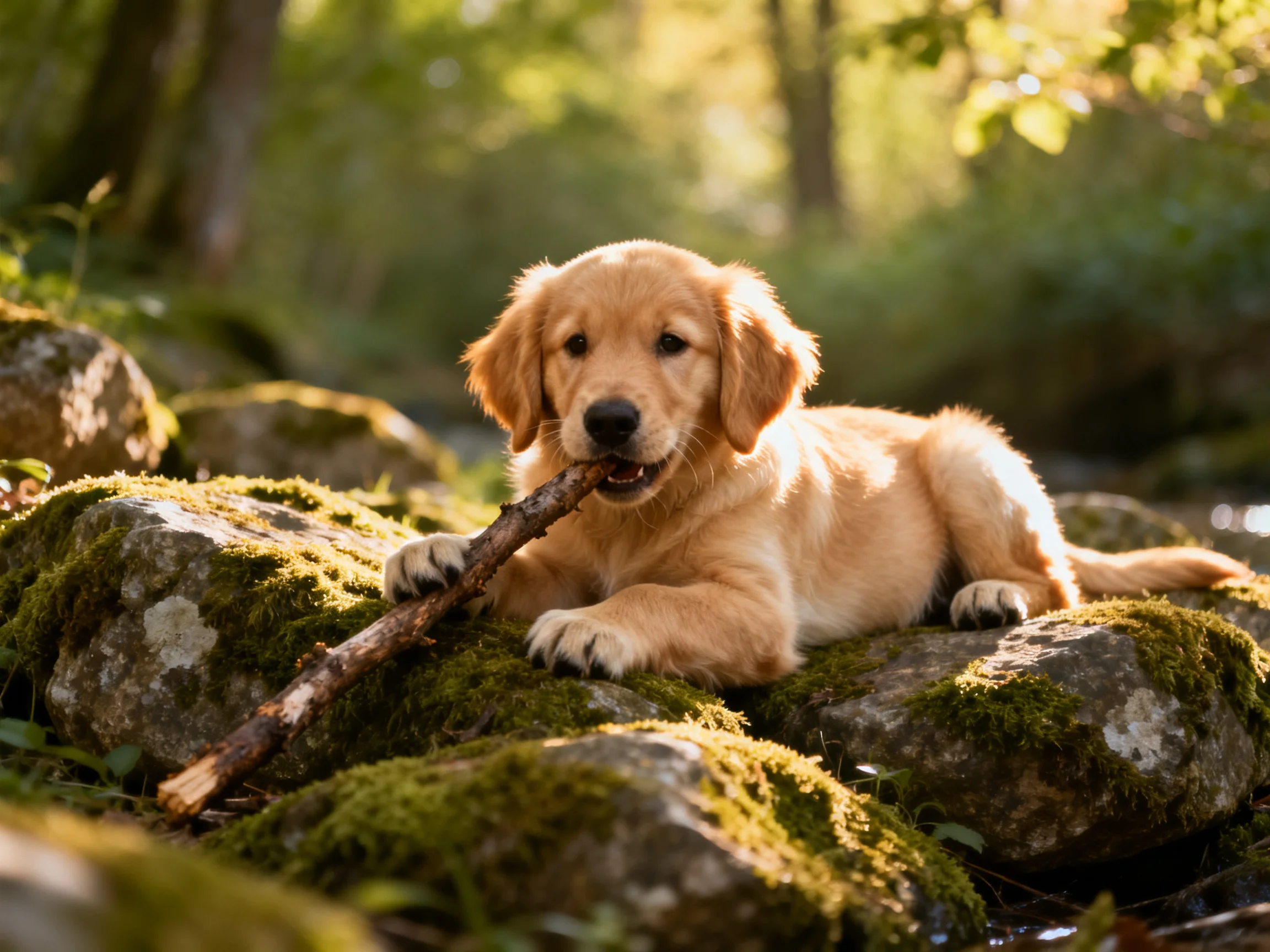 Golden retriever puppy chewing stick on moss-covered rocks in sunlit forest
