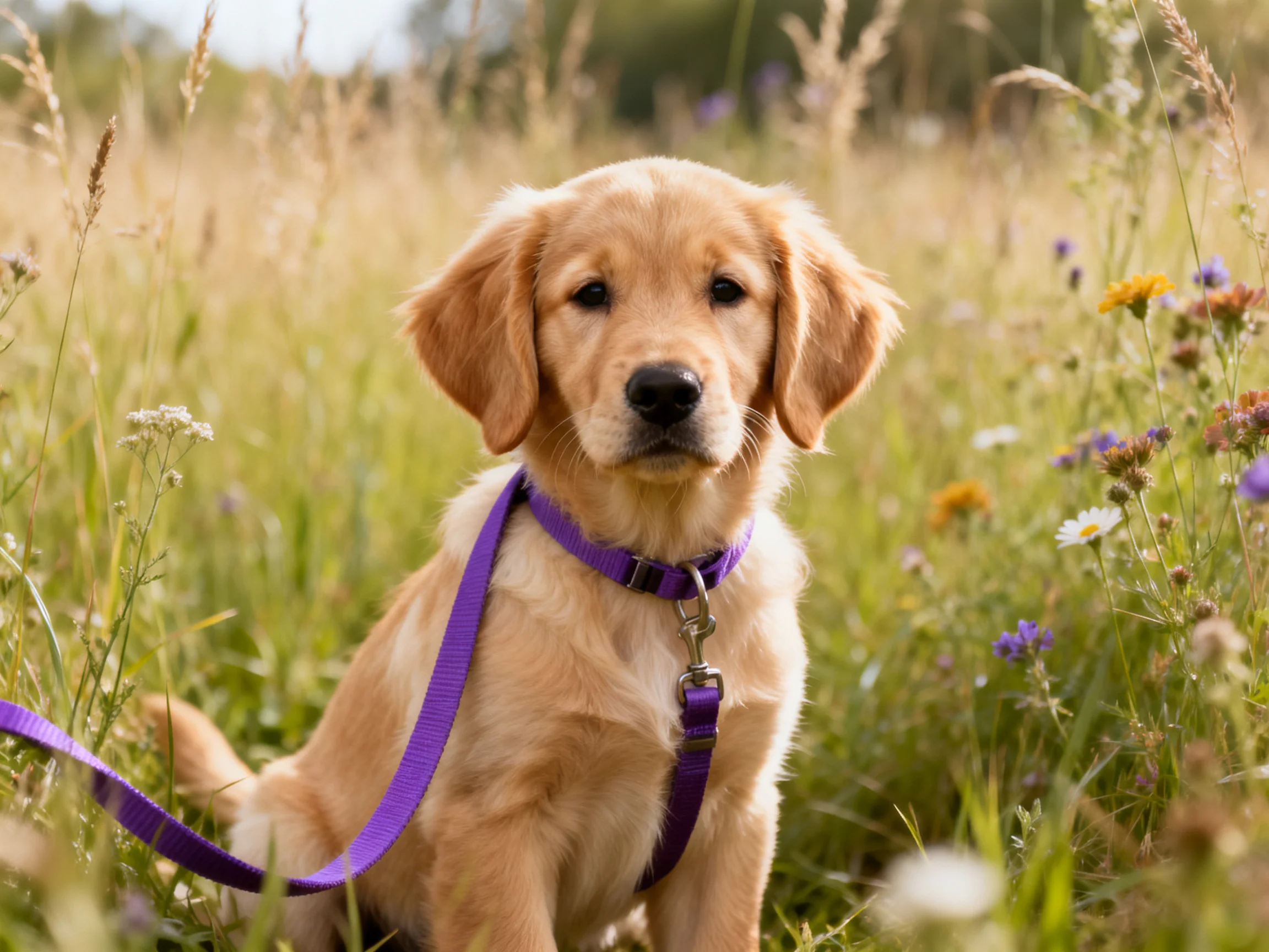 Golden retriever puppy in a wildflower meadow with purple leash